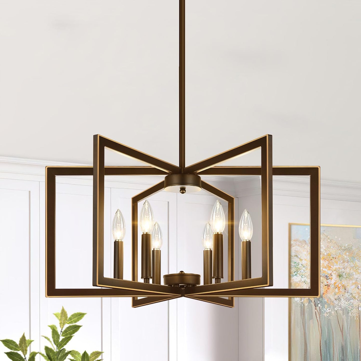 25" Modern Black Chandelier for Dining Room (6-Light, 25-Inch), Geometric Black Dining Room Light Fixture Over Table, Industrial Metal Hanging Pendant Lights for Kitchen Island, Entryway, Foyer