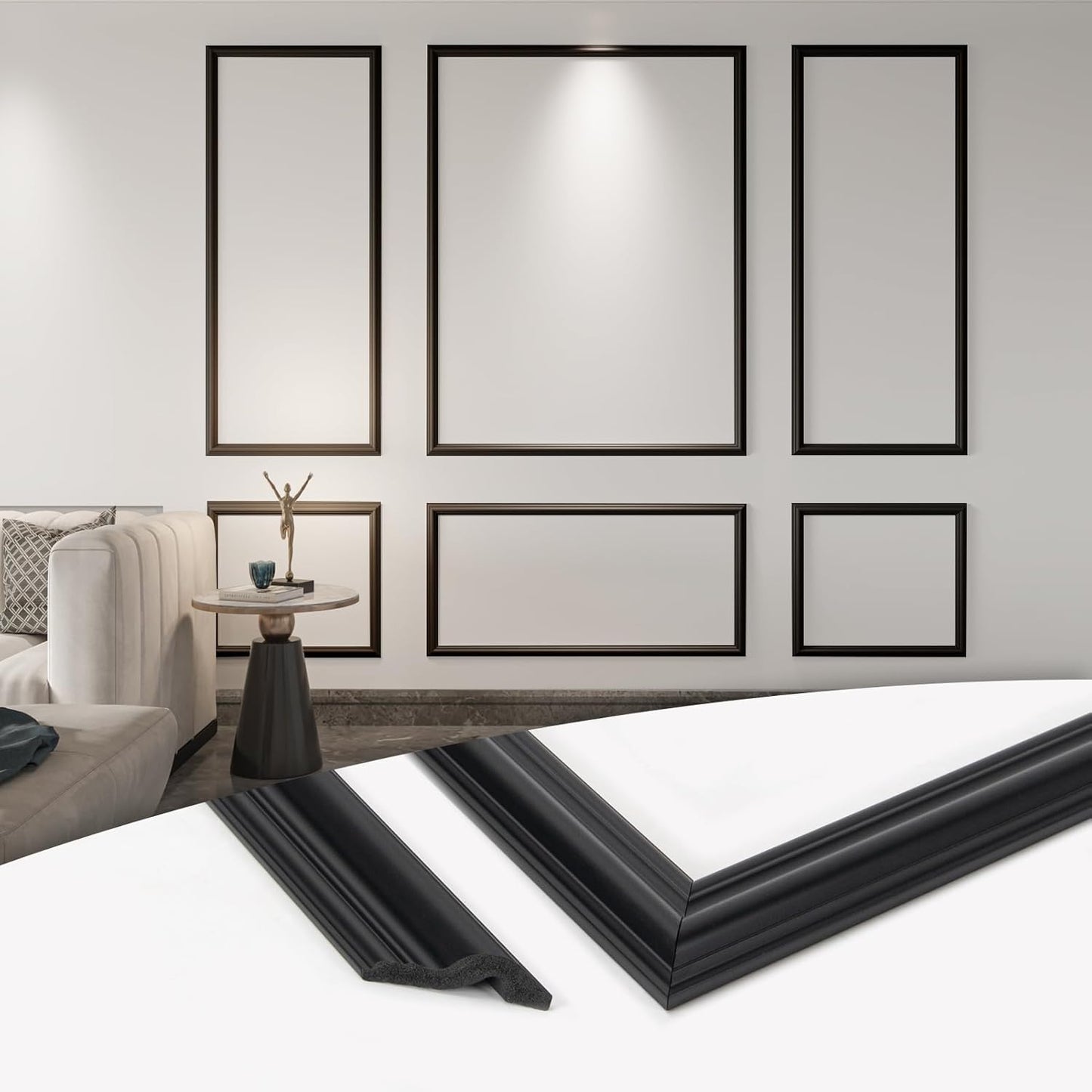 Art3d Pre-Cut Wall Molding Set of 6 pcs, Ready-to-Assemble Wainscoting Panels for Interior Wall Décor Living Room Bedroom Accent Wall - Installed with Glue, 3 Top 3 Bottom