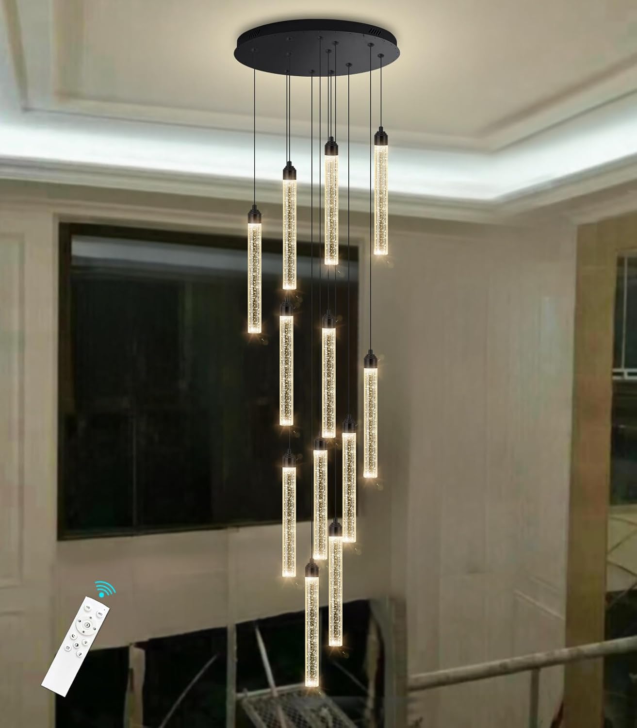 12-Lights Chandelier LED Dimmable Chandeliers for Entryway Flush Mount Ceiling Pendant Light Fixture Crystal Chandeliers for Living Room Black Finished Lighting Modern High Ceiling Chandelier