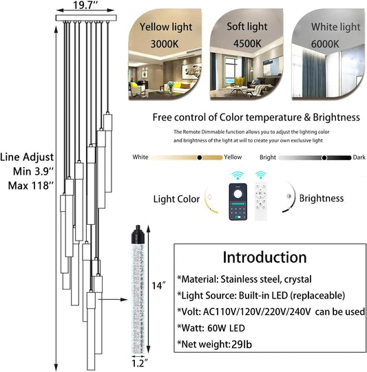 12-Lights Chandelier LED Dimmable Chandeliers for Entryway Flush Mount Ceiling Pendant Light Fixture Crystal Chandeliers for Living Room Black Finished Lighting Modern High Ceiling Chandelier