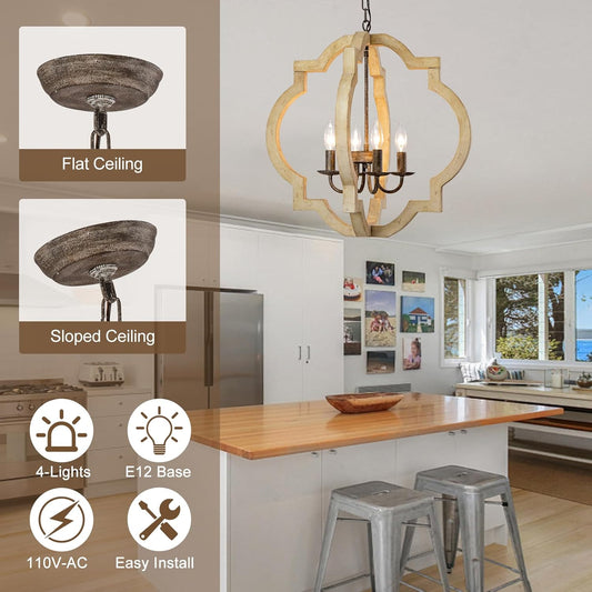 21.7 Inch Farmhouse Wood Chandelier for Dining Room, 4-Light Rustic Dining Room Light Fixtures Over Table with E12 Bases, Adjustable Hanging Light Fixture for Kitchen Island, Foyer, Entryway