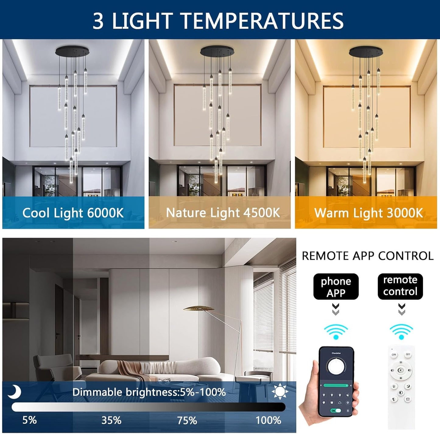 12-Lights Chandelier LED Dimmable Chandeliers for Entryway Flush Mount Ceiling Pendant Light Fixture Crystal Chandeliers for Living Room Black Finished Lighting Modern High Ceiling Chandelier