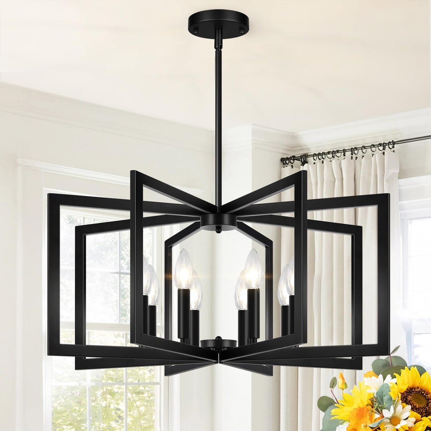 25" Modern Black Chandelier for Dining Room (6-Light, 25-Inch), Geometric Black Dining Room Light Fixture Over Table, Industrial Metal Hanging Pendant Lights for Kitchen Island, Entryway, Foyer