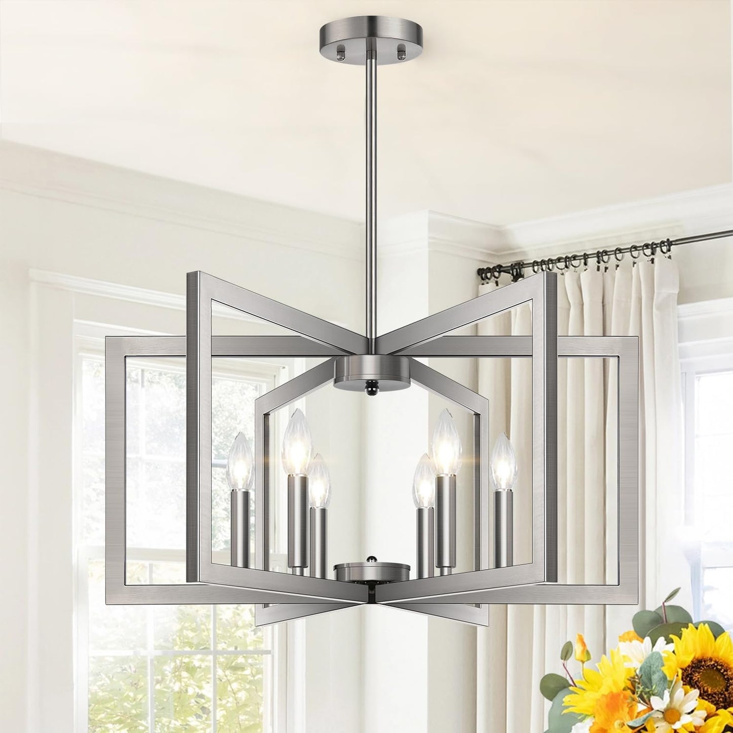 25" Modern Black Chandelier for Dining Room (6-Light, 25-Inch), Geometric Black Dining Room Light Fixture Over Table, Industrial Metal Hanging Pendant Lights for Kitchen Island, Entryway, Foyer