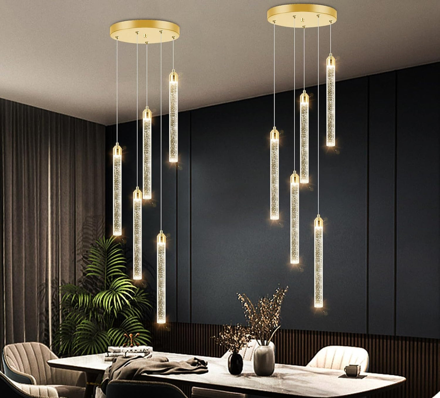 12-Lights Chandelier LED Dimmable Chandeliers for Entryway Flush Mount Ceiling Pendant Light Fixture Crystal Chandeliers for Living Room Black Finished Lighting Modern High Ceiling Chandelier