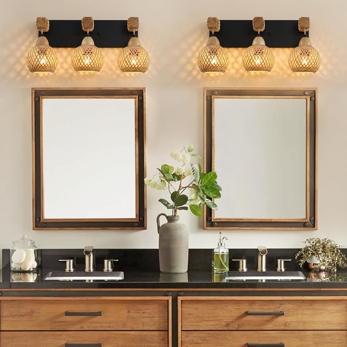 3-Light Bathroom Vanity Light Fixtures, Rustic Style Farmhouse Wood Bathroom Wall Sconce, Handmade Bamboo Woven Boho Wicker Basket Lamp Shade,suitable for bedroom, hallway, and living room