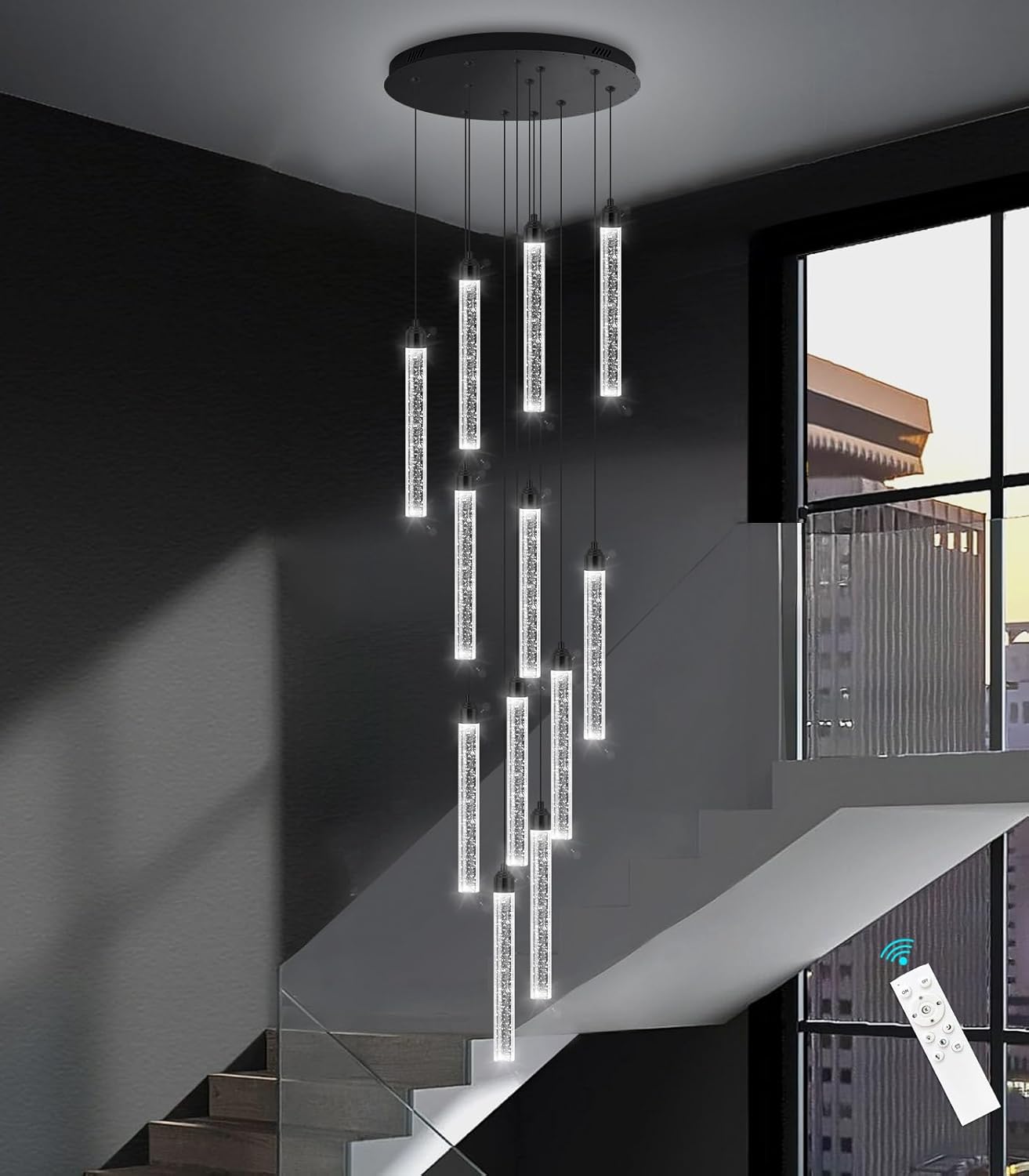 12-Lights Chandelier LED Dimmable Chandeliers for Entryway Flush Mount Ceiling Pendant Light Fixture Crystal Chandeliers for Living Room Black Finished Lighting Modern High Ceiling Chandelier