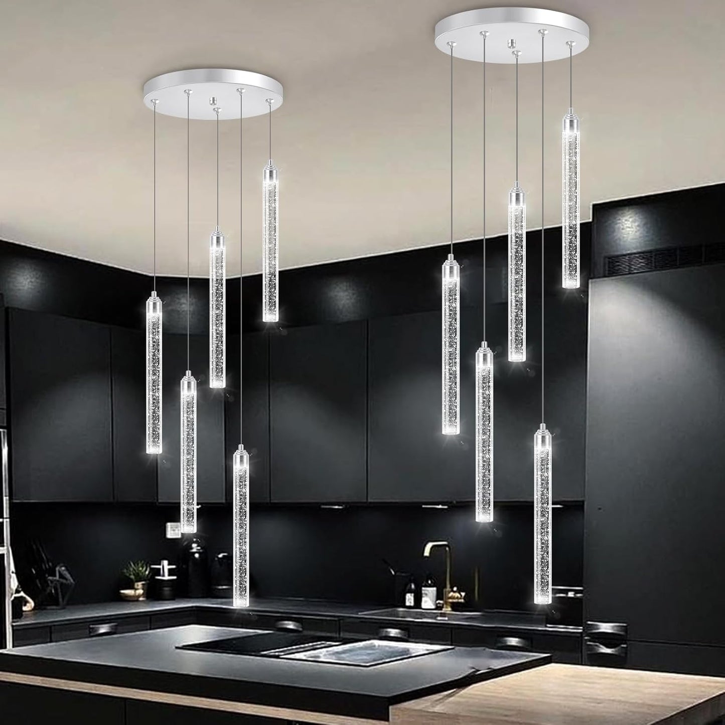 12-Lights Chandelier LED Dimmable Chandeliers for Entryway Flush Mount Ceiling Pendant Light Fixture Crystal Chandeliers for Living Room Black Finished Lighting Modern High Ceiling Chandelier
