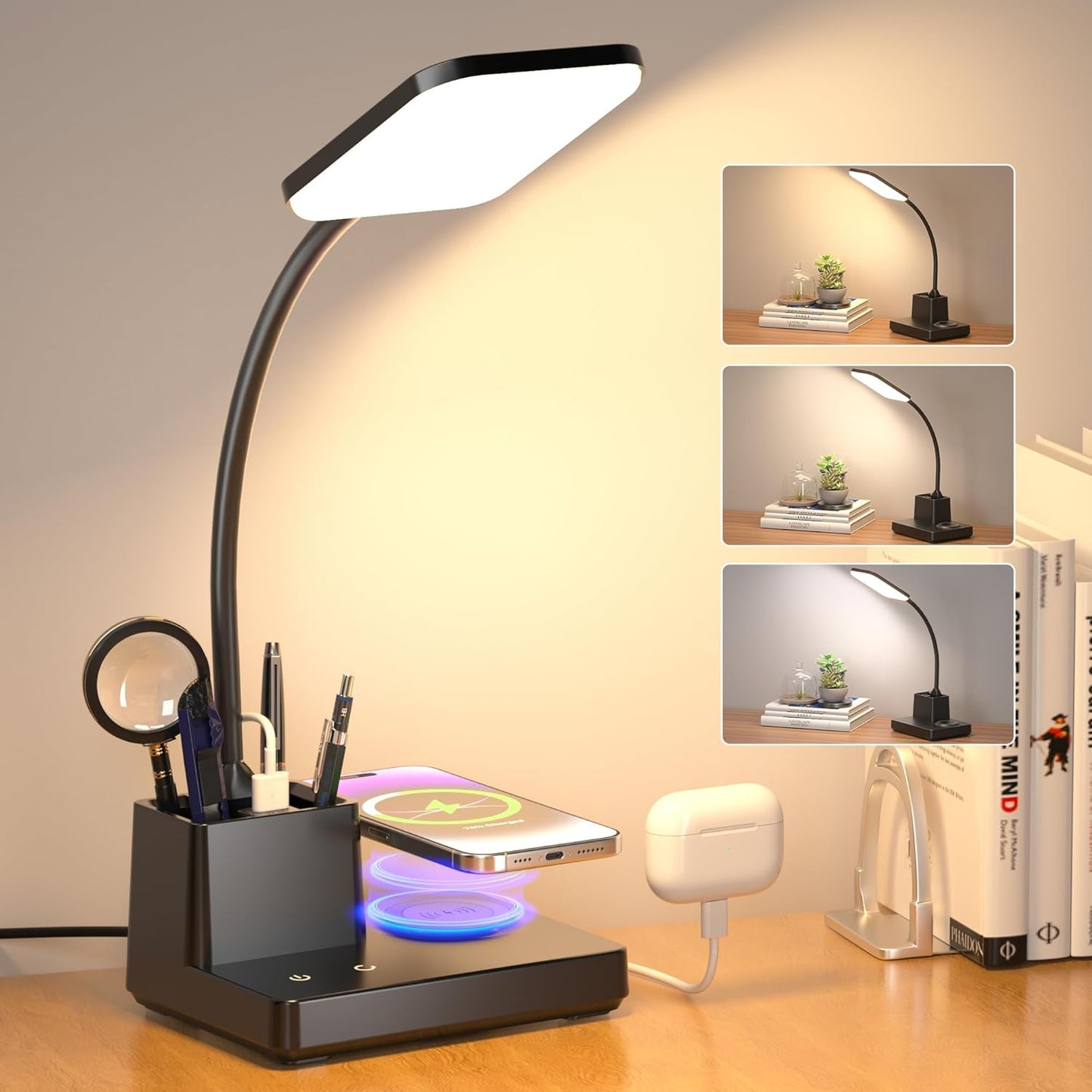 Sailstar Desk Lamp, LED Desk Lamps for Home Office, Wireless Charger Small Desk Lamp with Pen Holder, 3 Color Modes, Dimmable, CRI 85, 800LM, Study Lamps for College Dorm Room, Adapter Included, Black