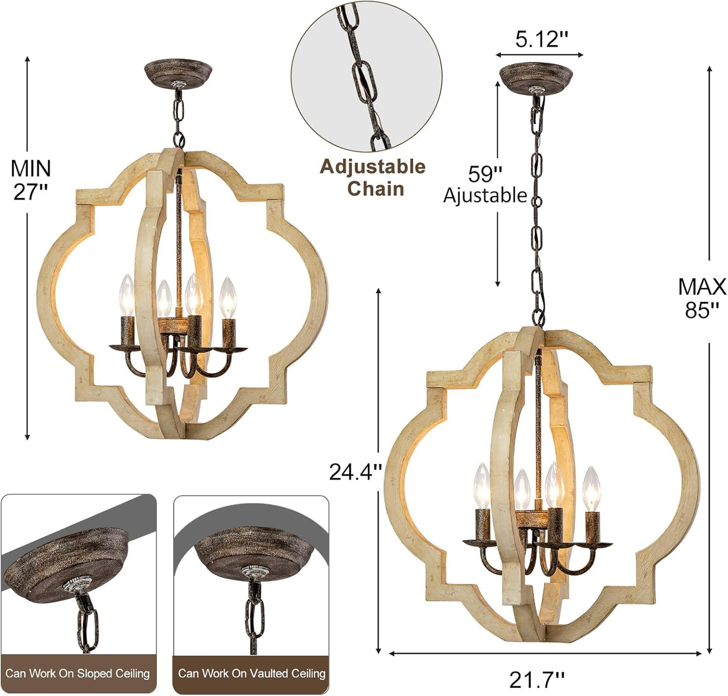 21.7 Inch Farmhouse Wood Chandelier for Dining Room, 4-Light Rustic Dining Room Light Fixtures Over Table with E12 Bases, Adjustable Hanging Light Fixture for Kitchen Island, Foyer, Entryway