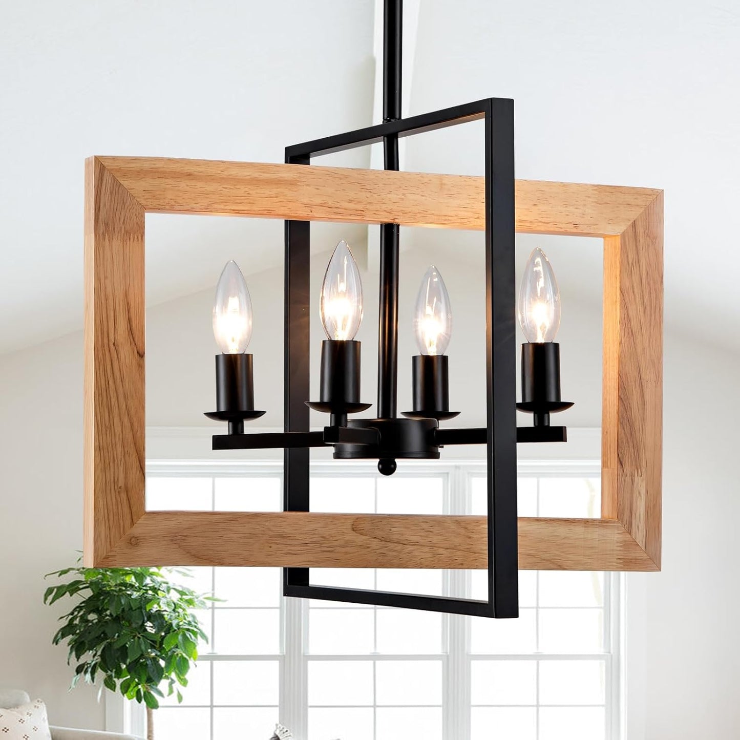21.7 Inch Farmhouse Wood Chandelier for Dining Room, 4-Light Rustic Dining Room Light Fixtures Over Table with E12 Bases, Adjustable Hanging Light Fixture for Kitchen Island, Foyer, Entryway