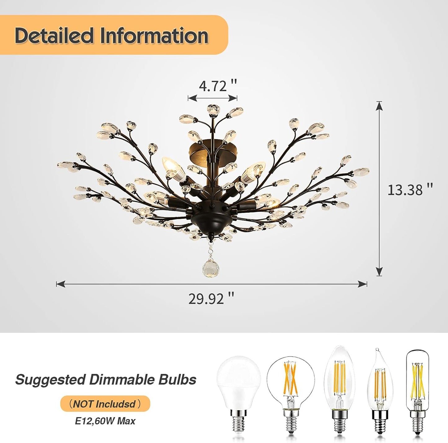 CVKASH 5 - Light Vintage Small Crystal Chandelier Modern Semi Flush Mount Ceiling Light Fixture Chandelier Lighting for Kitchen Bedroom Living Room Dining Room Hallway Foyer(Black)