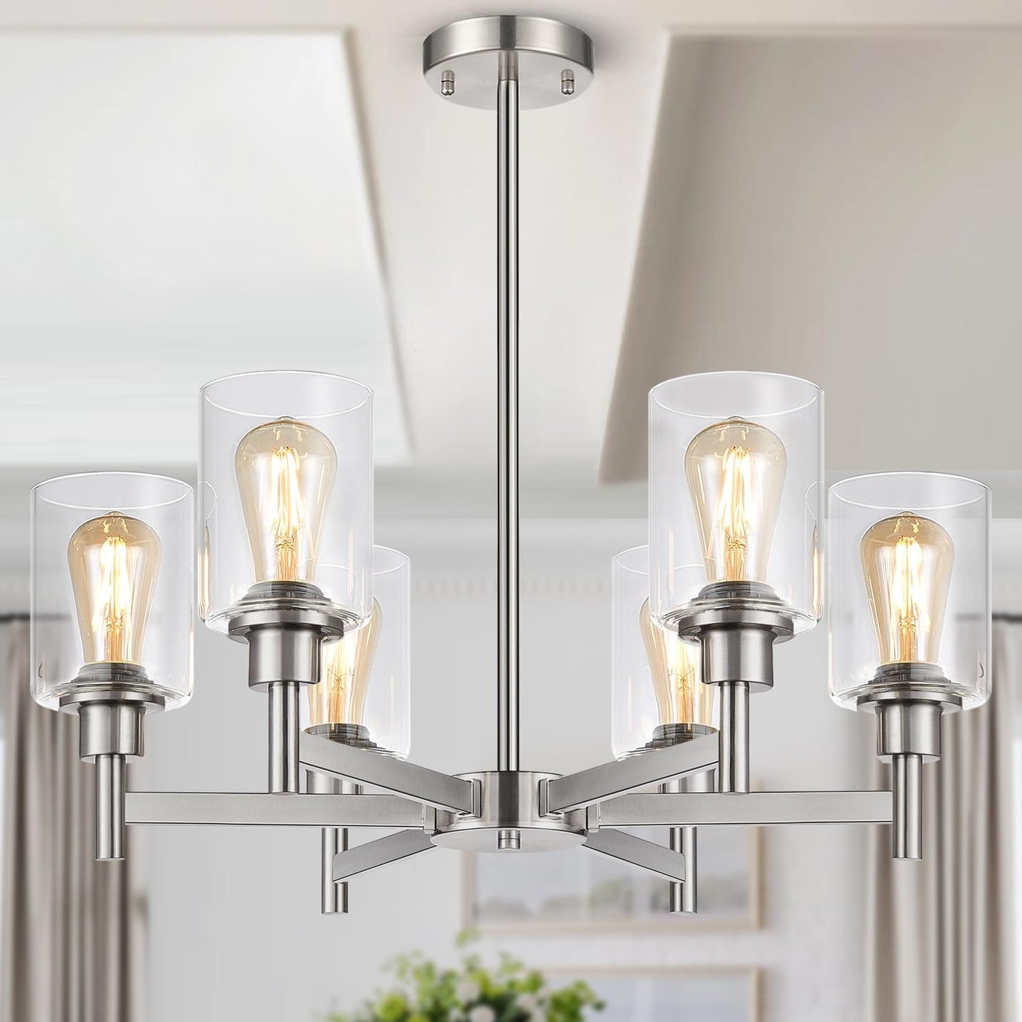 Black Chandeliers, 6 Light Dining Room Light Fixtures Over Table, Farmhouse Chandeliers for Dining Room with Clear Glass Shade for Kitchen Island Living Room Bedroom Bathroom, Height Adjustable
