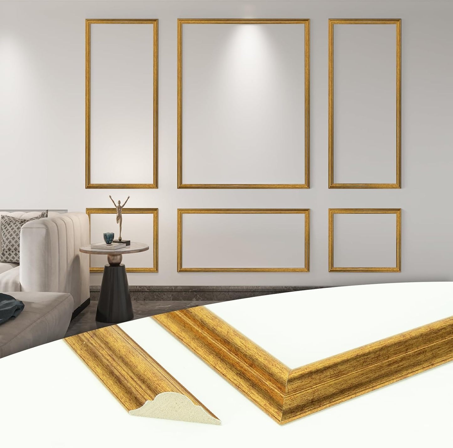 Art3d Pre-Cut Wall Molding Set of 6 pcs, Ready-to-Assemble Wainscoting Panels for Interior Wall Décor Living Room Bedroom Accent Wall - Installed with Glue, 3 Top 3 Bottom