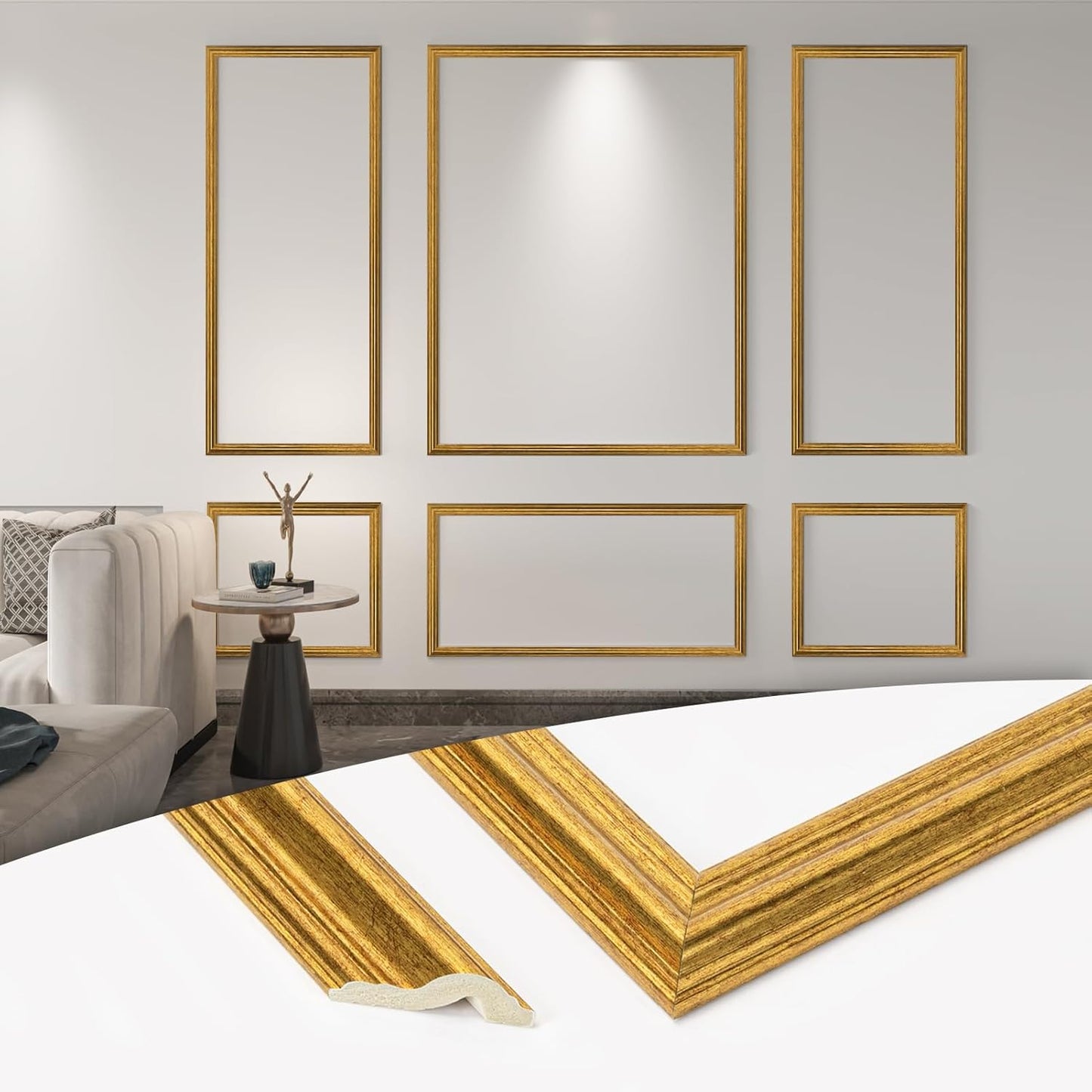 Art3d Pre-Cut Wall Molding Set of 6 pcs, Ready-to-Assemble Wainscoting Panels for Interior Wall Décor Living Room Bedroom Accent Wall - Installed with Glue, 3 Top 3 Bottom