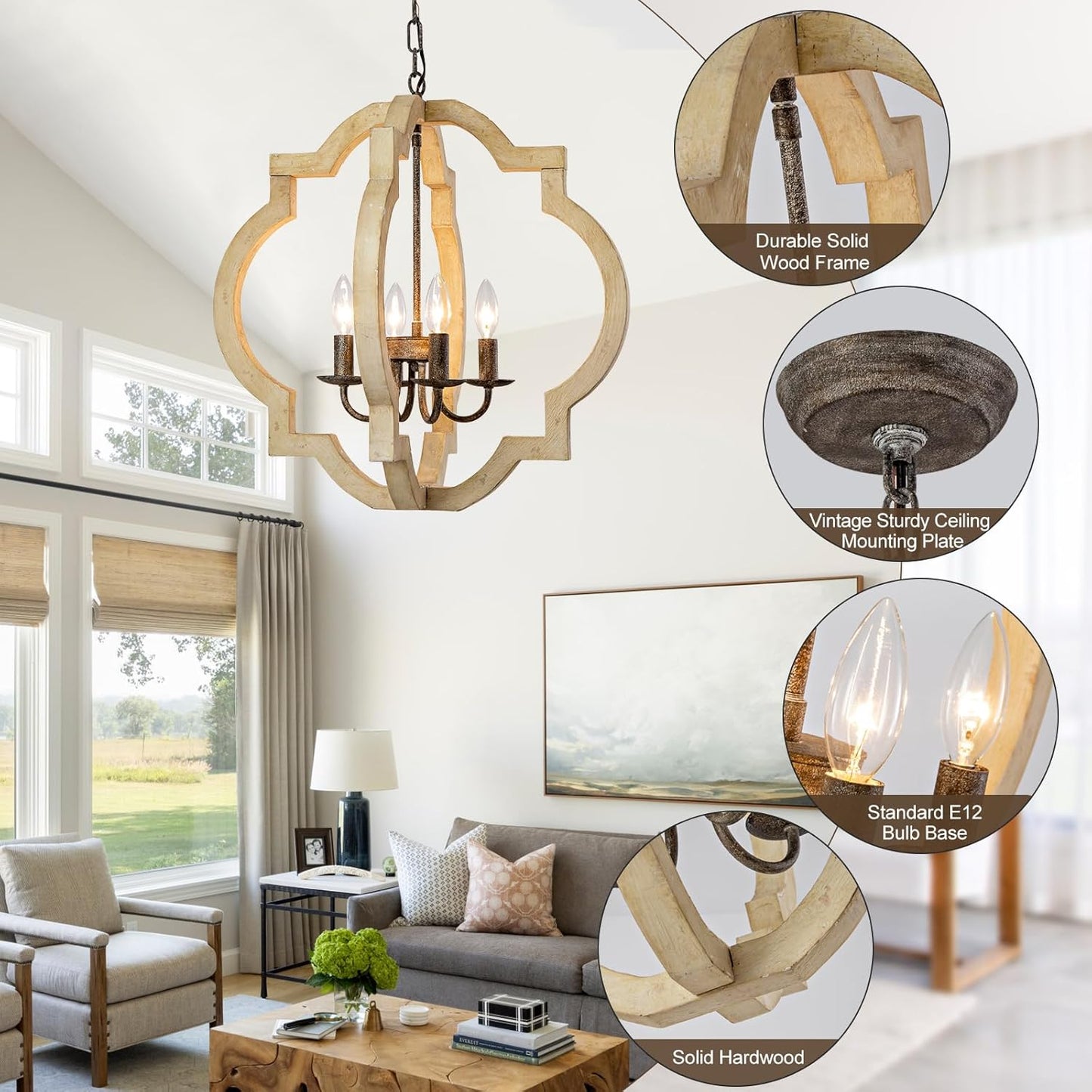 21.7 Inch Farmhouse Wood Chandelier for Dining Room, 4-Light Rustic Dining Room Light Fixtures Over Table with E12 Bases, Adjustable Hanging Light Fixture for Kitchen Island, Foyer, Entryway