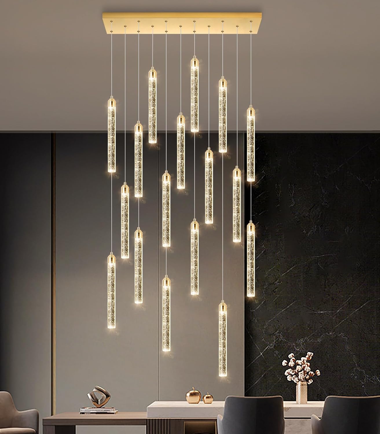 12-Lights Chandelier LED Dimmable Chandeliers for Entryway Flush Mount Ceiling Pendant Light Fixture Crystal Chandeliers for Living Room Black Finished Lighting Modern High Ceiling Chandelier