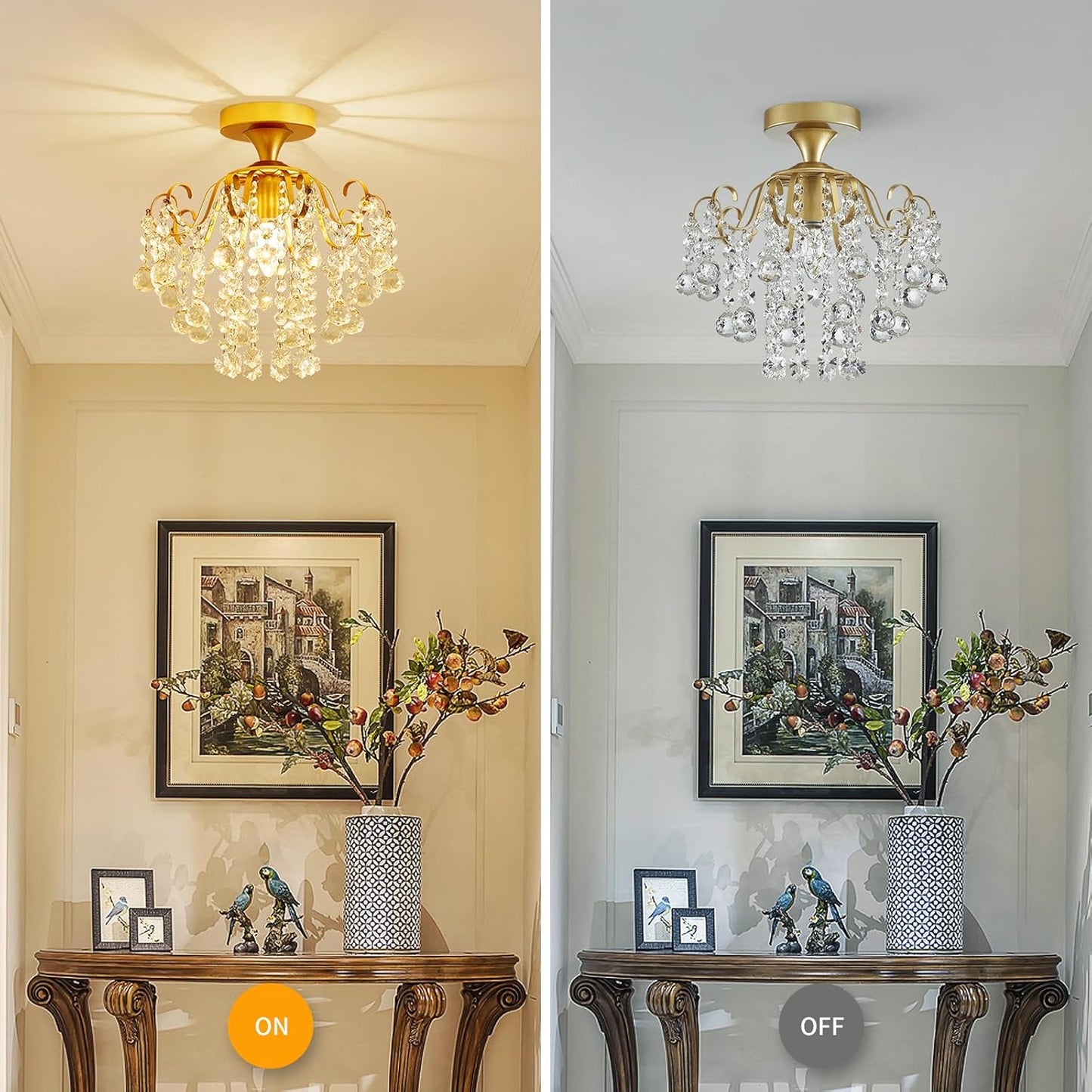 WUZUPS Crystal Chandelier Flushmount Ceiling Light Modern Lighting Fixture for Bedroom Hallway Bar Kitchen Bathroom, H 13.4" x W 12.6", E26 Base, Gold