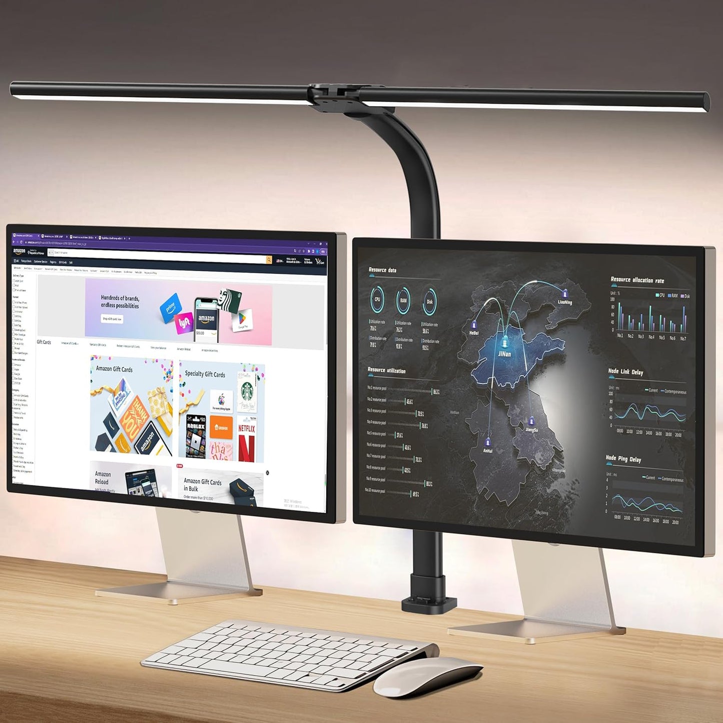 LED Desk Lamp for Home Office, Double Head 24W with Base, Architect Light 5 Lighting Brightness Flexible Gooseneck Table Reading Study, Black