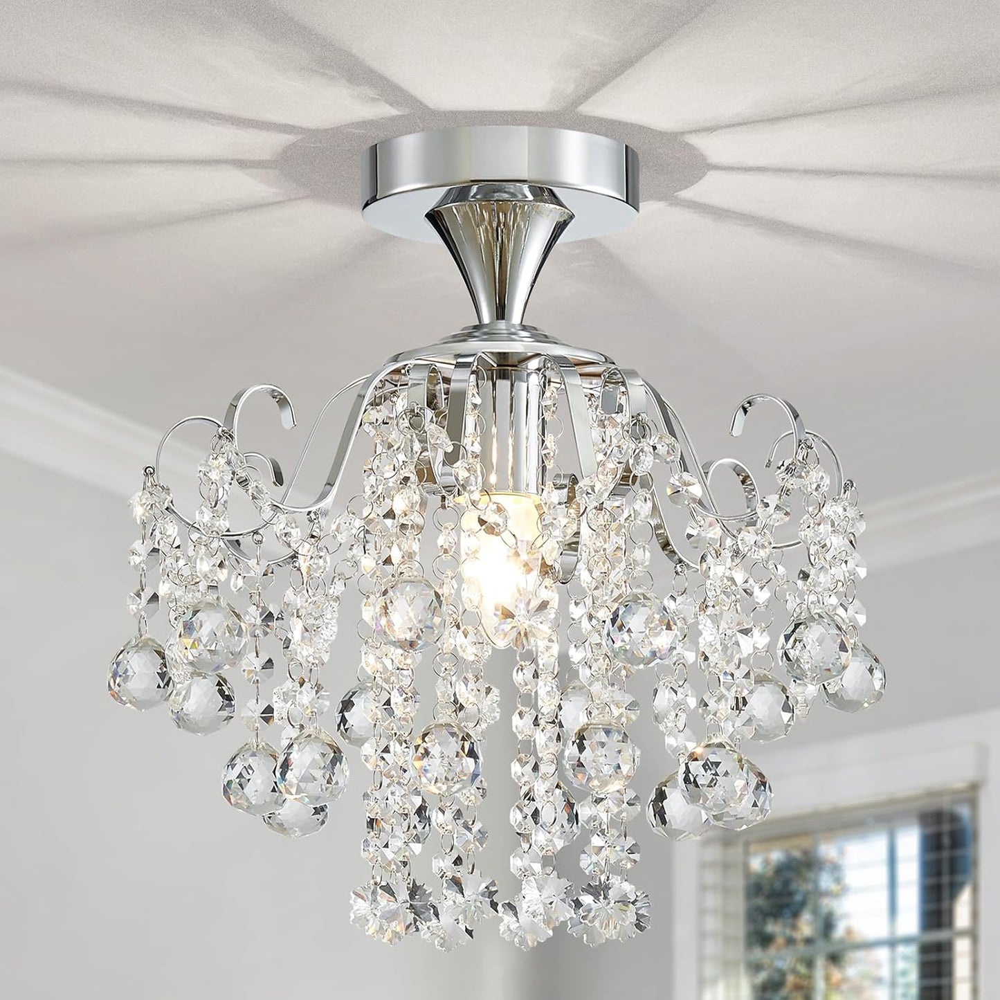 WUZUPS Crystal Chandelier Flushmount Ceiling Light Modern Lighting Fixture for Bedroom Hallway Bar Kitchen Bathroom, H 13.4" x W 12.6", E26 Base, Gold