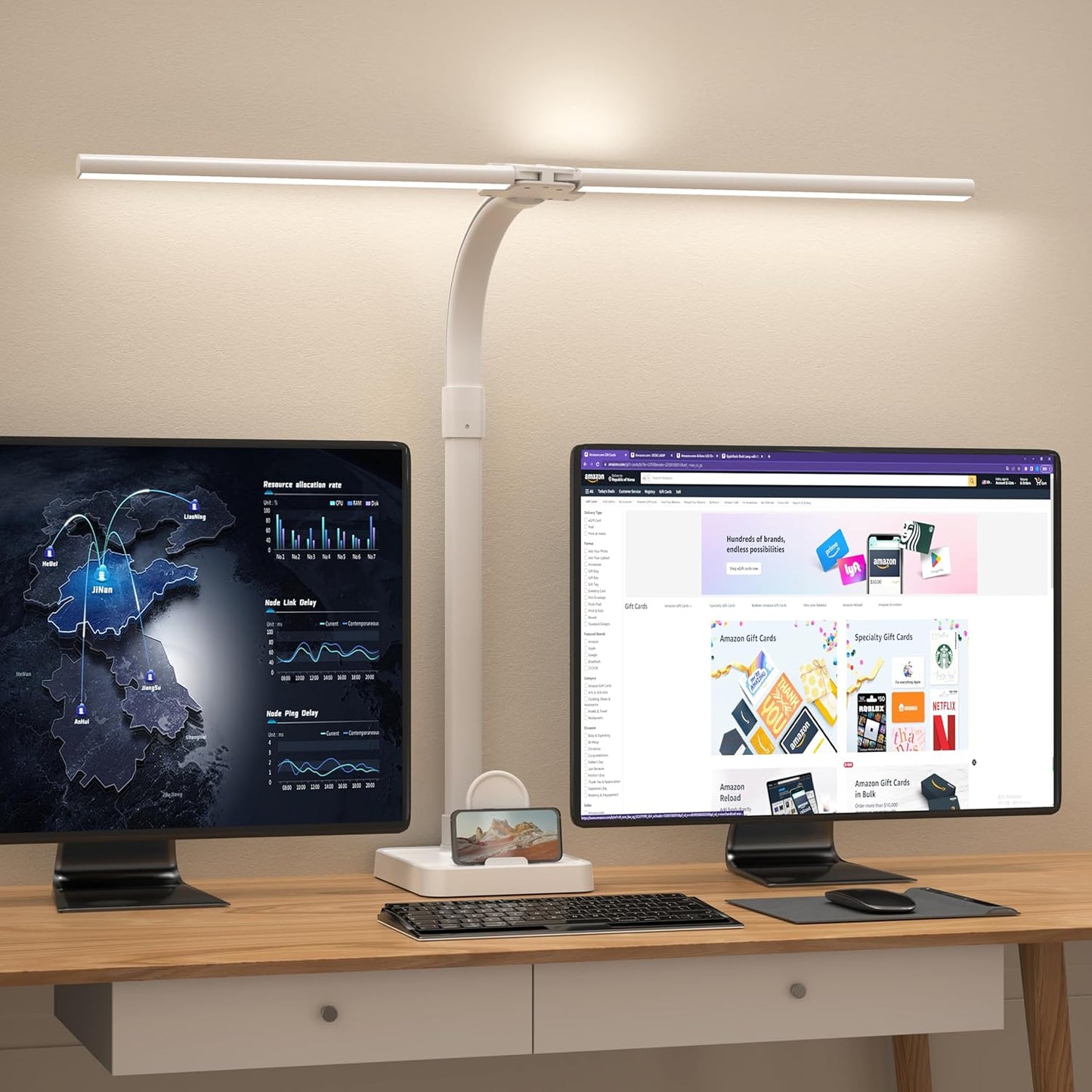 LED Desk Lamp for Home Office, Double Head 24W with Base, Architect Light 5 Lighting Brightness Flexible Gooseneck Table Reading Study, Black