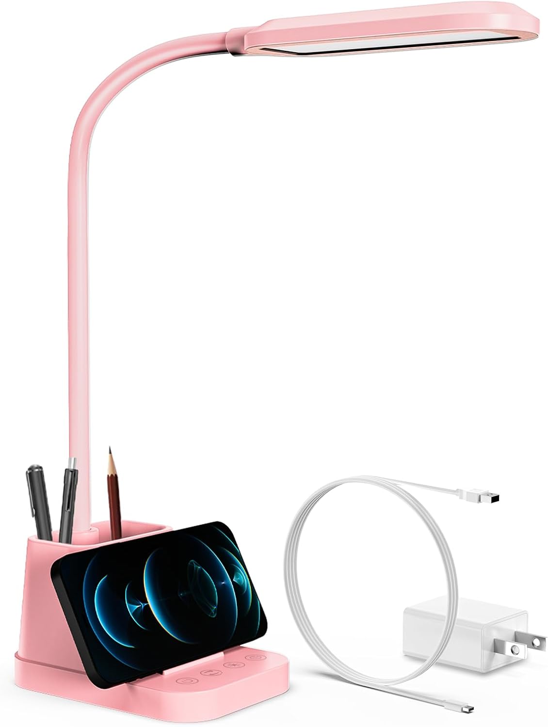 AXX LED Desk Lamp with USB Charging Port, Study Table Light for Home Office Bedrooms, Black, Flexible Gooseneck, Small, 650LM, Pen Holder, Timer Settings, School Essentials for College Dorm Room