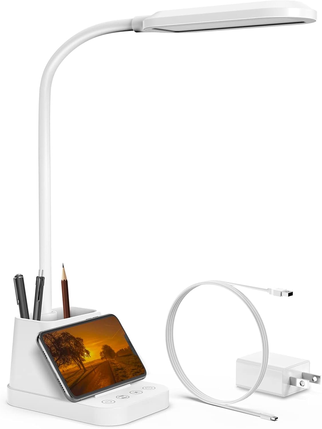 AXX LED Desk Lamp with USB Charging Port, Study Table Light for Home Office Bedrooms, Black, Flexible Gooseneck, Small, 650LM, Pen Holder, Timer Settings, School Essentials for College Dorm Room