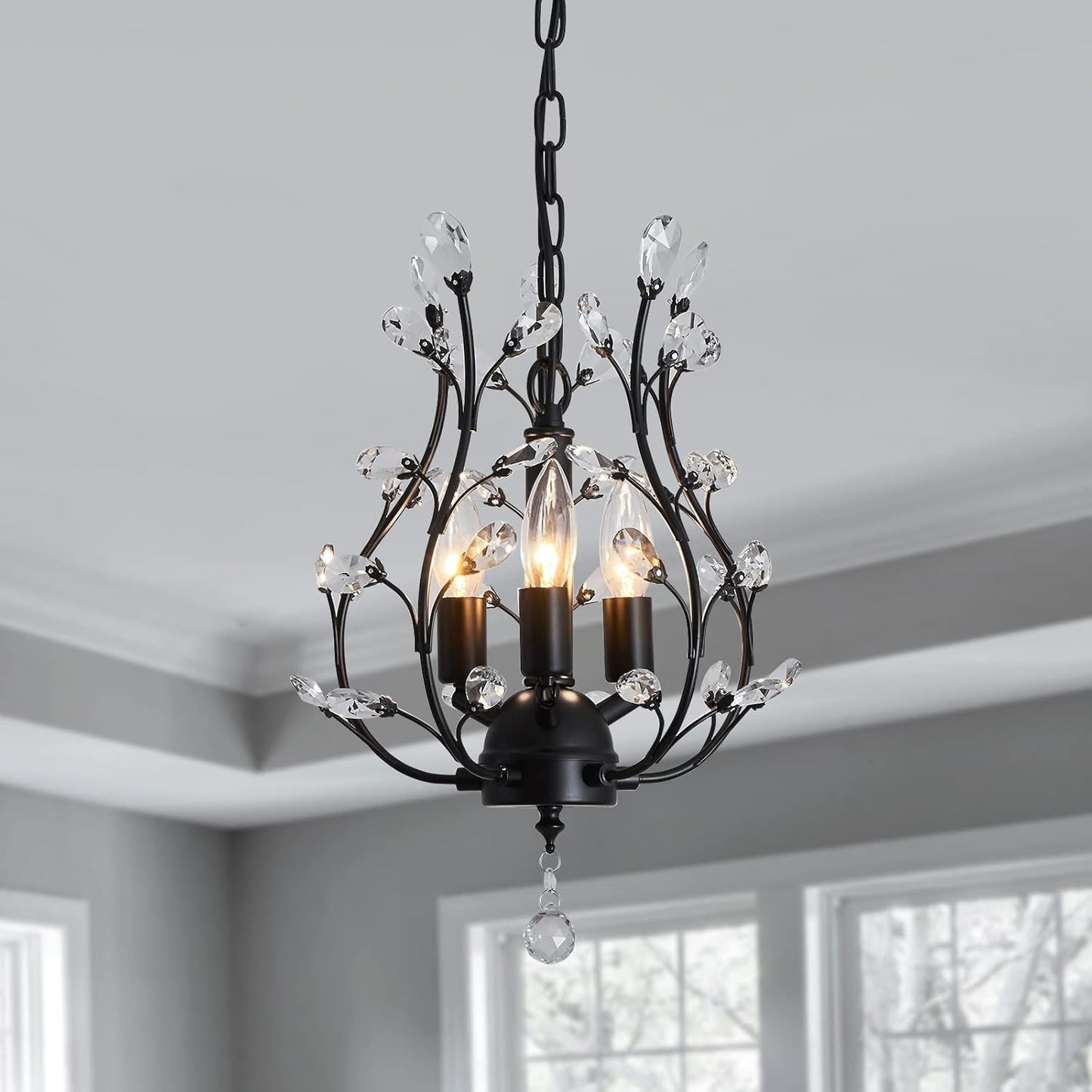 CVKASH 5 - Light Vintage Small Crystal Chandelier Modern Semi Flush Mount Ceiling Light Fixture Chandelier Lighting for Kitchen Bedroom Living Room Dining Room Hallway Foyer（Black）