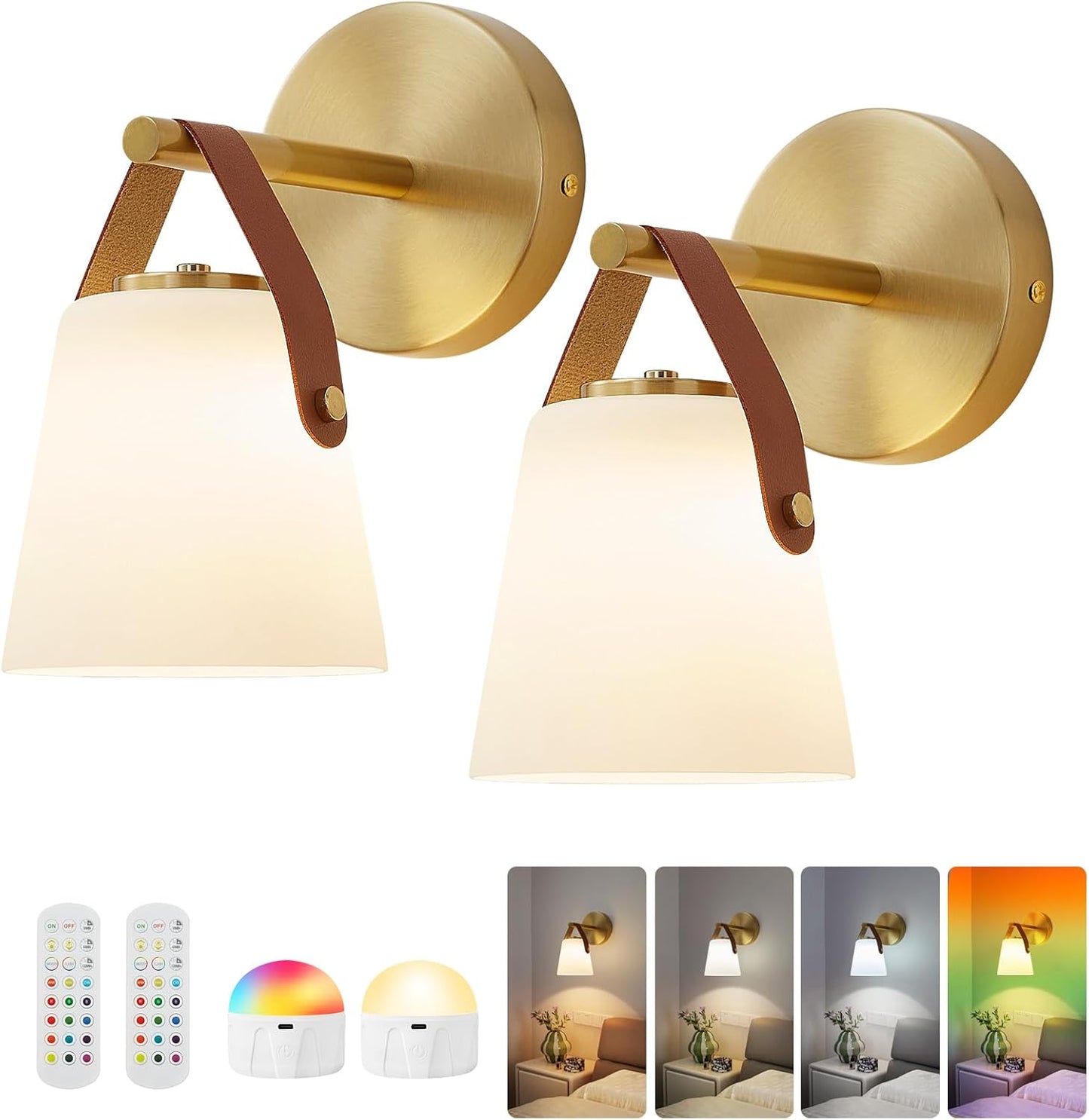 Battery Operated Frosted Glass Wall Sconces Set of Two, Rechargeable Wall Lamp 3 Color Temp & 12 RGB Colors Wireless Battery Powered for Bedroom Living Room with Remote