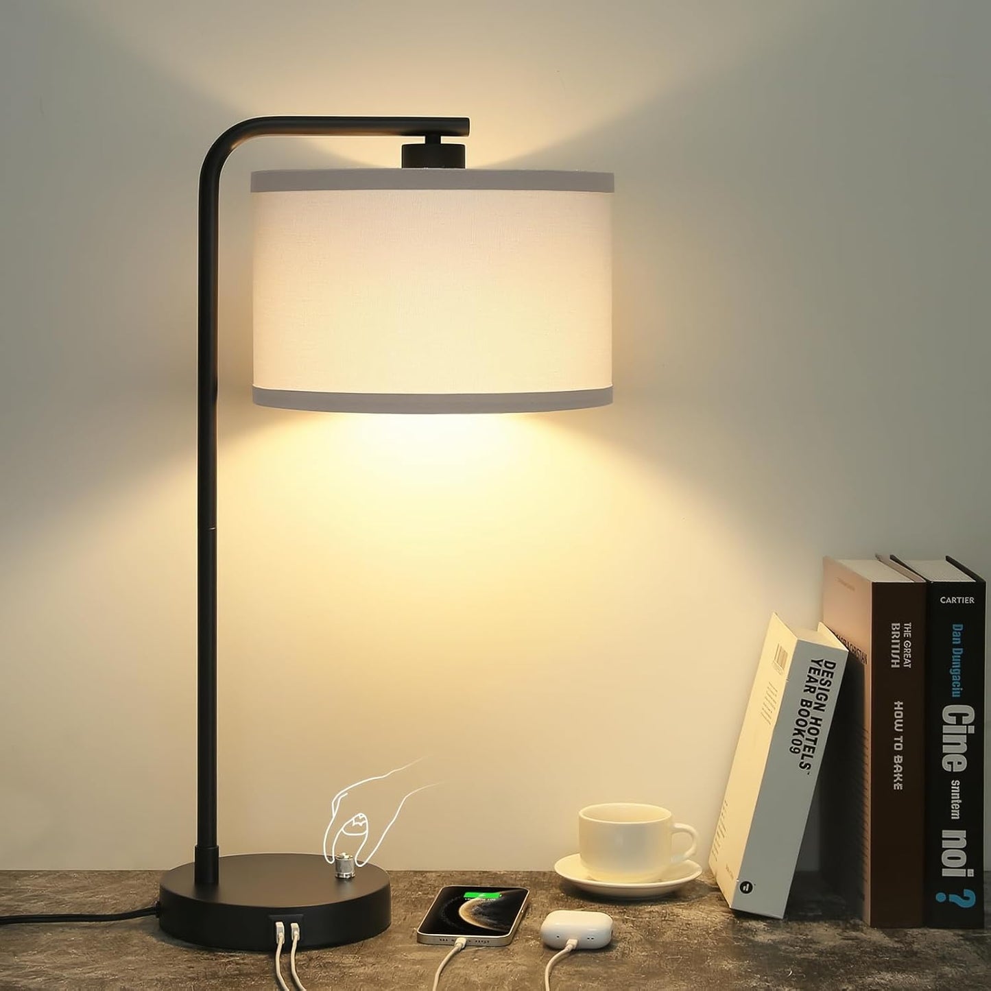 Tall Table Lamp with USB C+A Ports, Fully Stepless Dimmable Modern Bedside Nightstand Lamp, Reading Desk Lamp for Bedroom, Living Room, Study Room, Office, 9W 3000K LED Bulb Included
