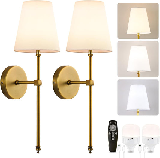 HOXIYA DIMMABLE Battery Operated Wall Sconces Set of 2, Rechargeable Wireless Gold Wall Lighting with Remote Control, Farmhouse Wall Lamp with Detachable Charging Light Bulb for Indoor Bedroom Brass