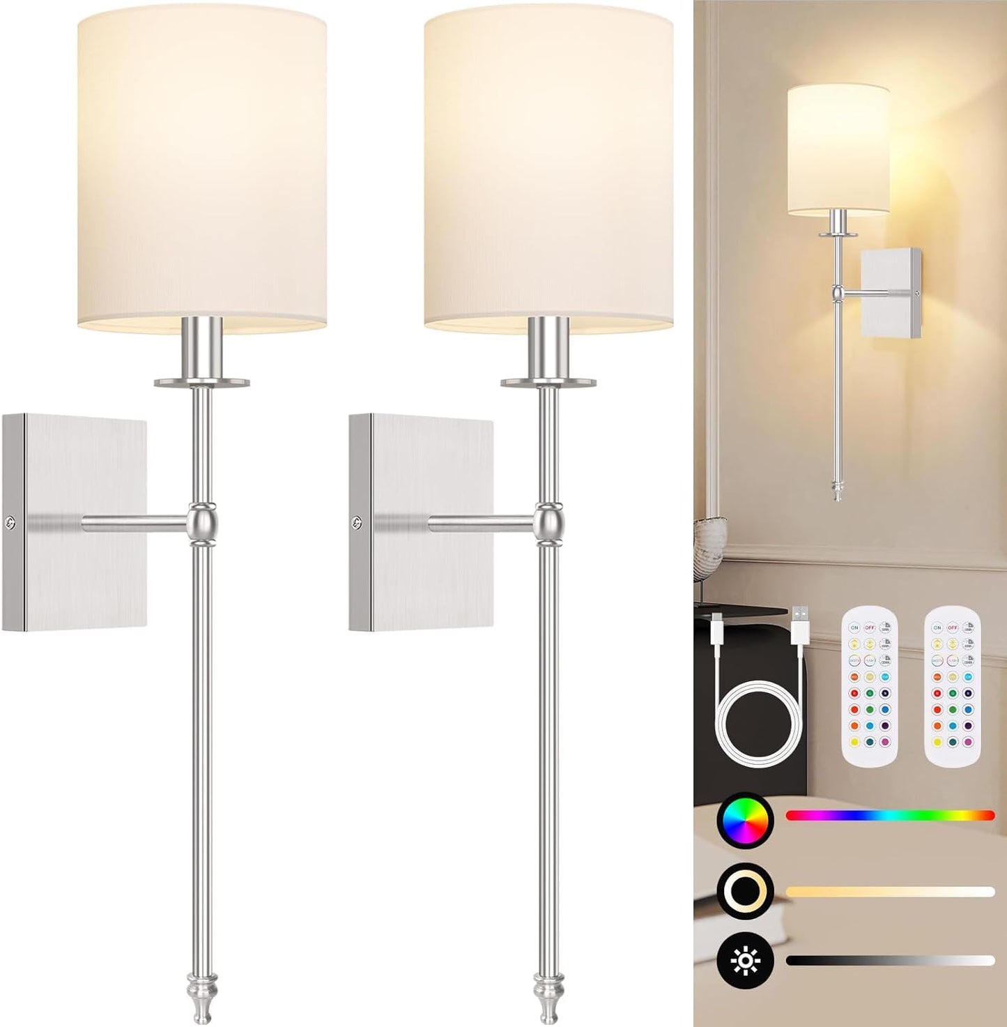 24.8 Inch Wall Sconces Battery Operated Set of 2, Rechargeable Wireless Wall Sconces Lights with Remote, Not Hardwired Dimmable Gold Wall Lamps with White Fabric Shade for Bedroom, 2 Bulbs Included