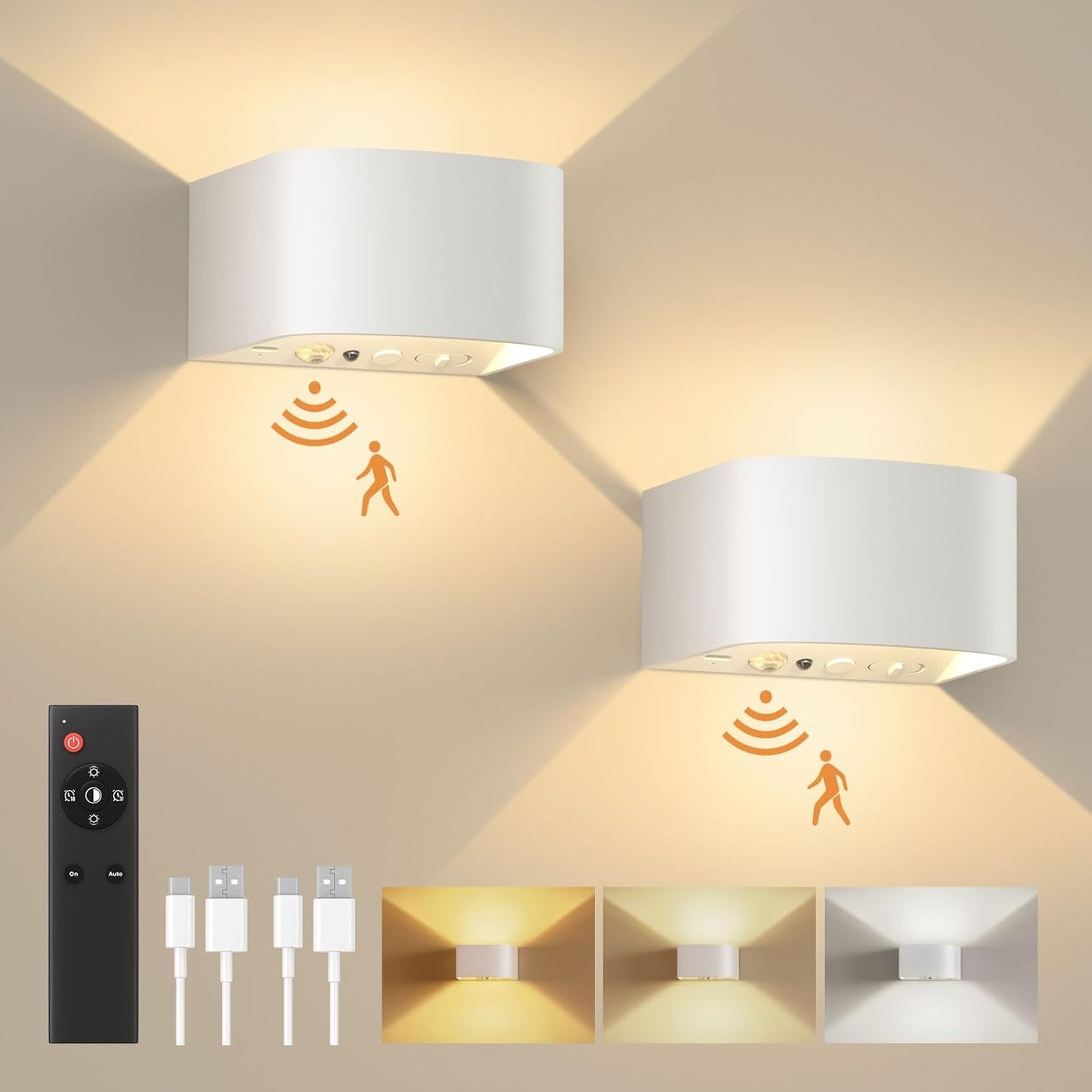 FULEN Motion Sensor Wall Light with Remote Control 3 Colors Wireless Wall Lamp LED Indoor Up and Down Wall Sconce 5000mAh Rechargeable Battery Powered Wall Lamps Brightness Adjustable, Black 2 Pack