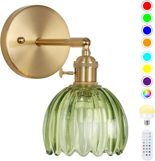 Battery Operated Wall Sconce, Vintage Wall Sconce with Deep Green Tulip Glass Lampshade Rechargeable Battery Powered Wall Light with Remote Control for Bedroom,Living Room, Hallway, Aisle