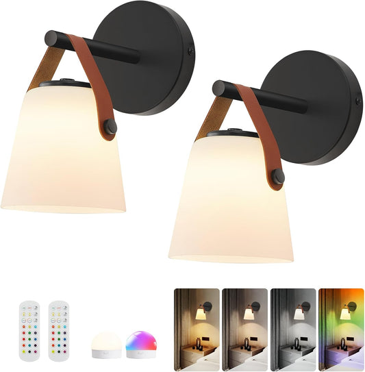 Battery Operated Frosted Glass Wall Sconces Set of Two, Rechargeable Wall Lamp 3 Color Temp & 12 RGB Colors Wireless Battery Powered for Bedroom Living Room with Remote