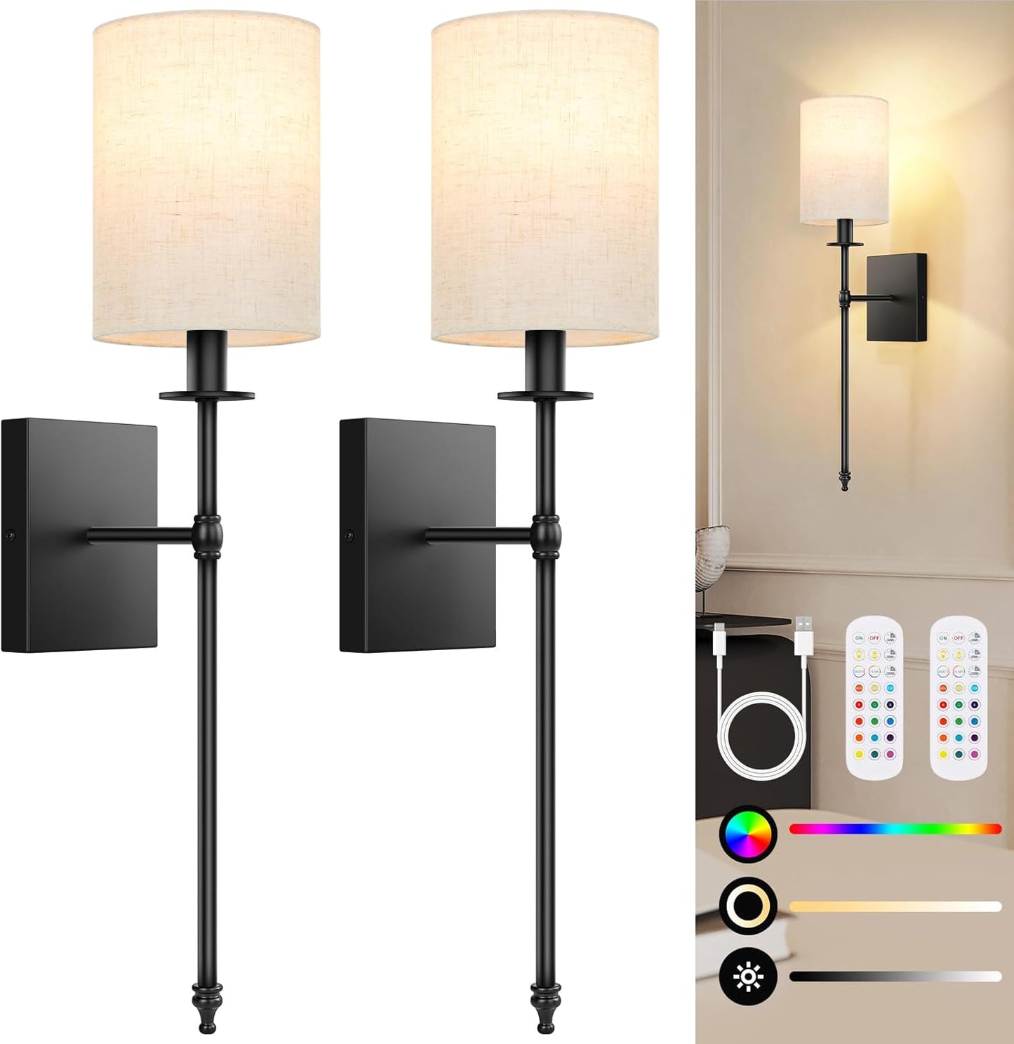 24.8 Inch Wall Sconces Battery Operated Set of 2, Rechargeable Wireless Wall Sconces Lights with Remote, Not Hardwired Dimmable Gold Wall Lamps with White Fabric Shade for Bedroom, 2 Bulbs Included