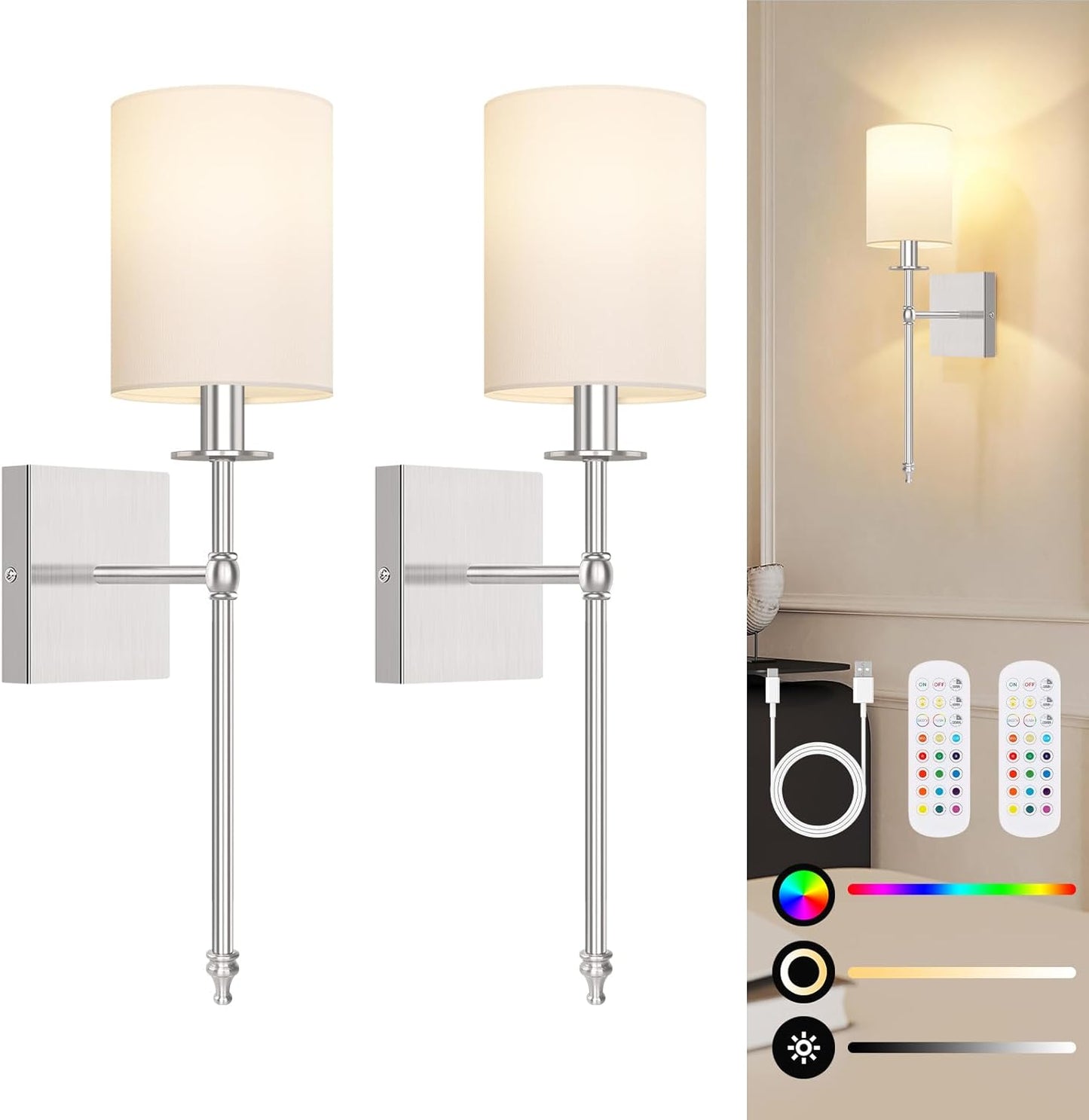 24.8 Inch Wall Sconces Battery Operated Set of 2, Rechargeable Wireless Wall Sconces Lights with Remote, Not Hardwired Dimmable Gold Wall Lamps with White Fabric Shade for Bedroom, 2 Bulbs Included
