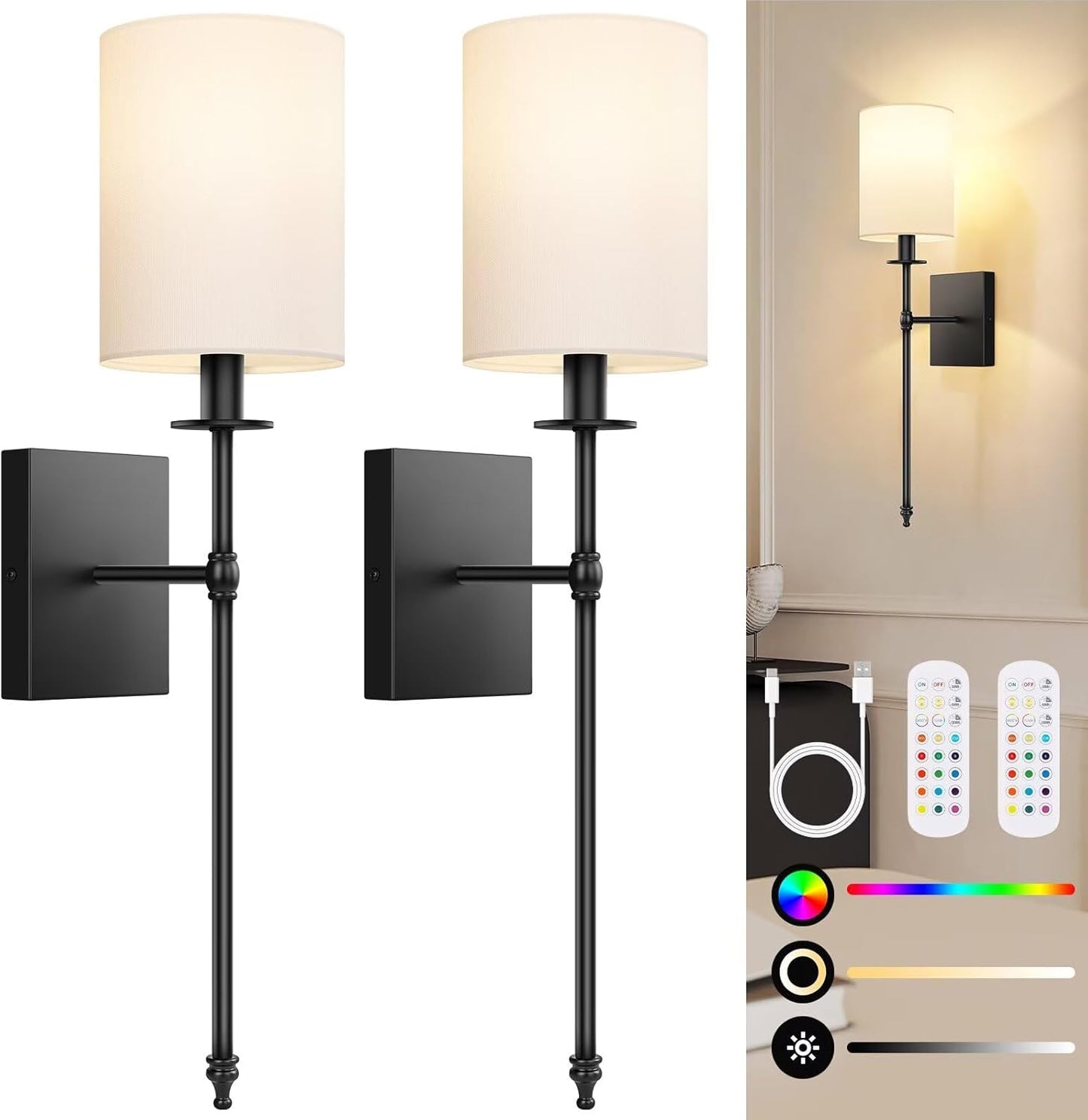 24.8 Inch Wall Sconces Battery Operated Set of 2, Rechargeable Wireless Wall Sconces Lights with Remote, Not Hardwired Dimmable Gold Wall Lamps with White Fabric Shade for Bedroom, 2 Bulbs Included