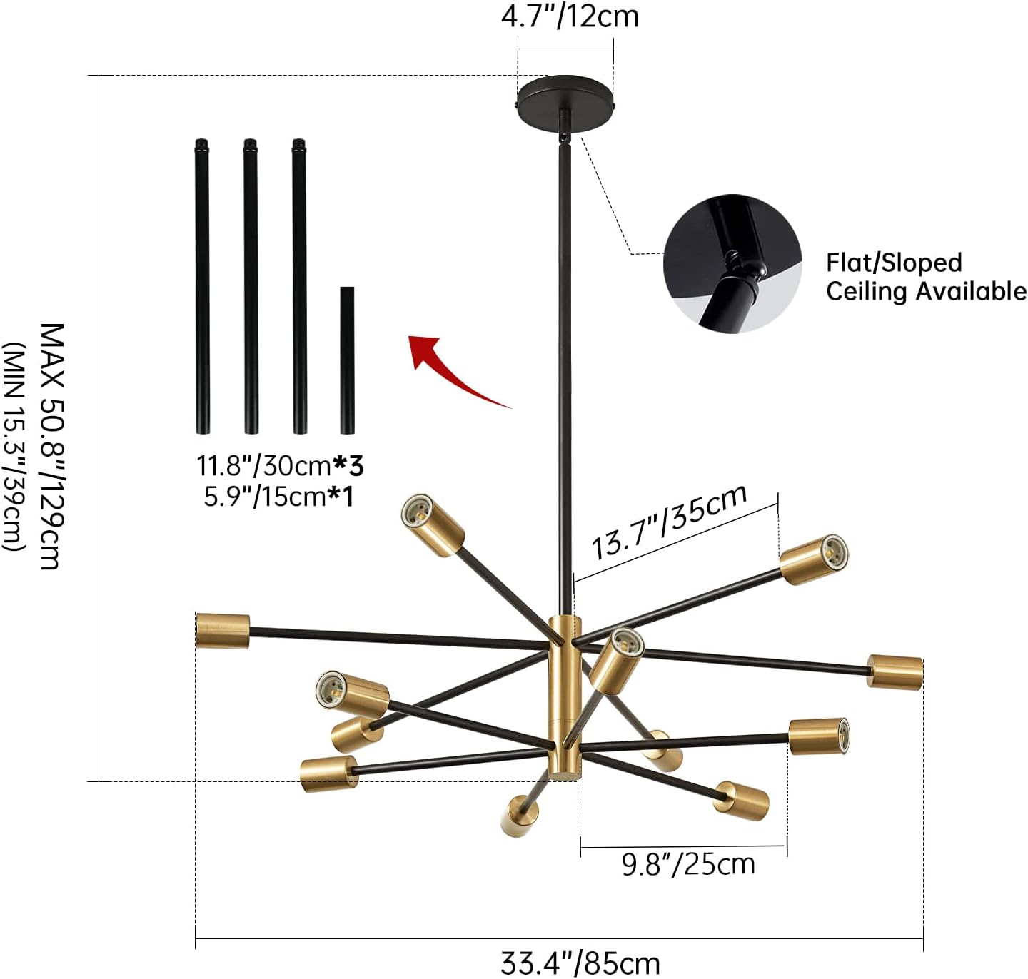 Modern Chandelier Ceiling Light Fixture Sputnik Chandeliers Gold and Black Farmhouse Chandelier Over Table 12-Light Height Adjustable Chandeliers for Dining Room, Living Room,Kitchen Island
