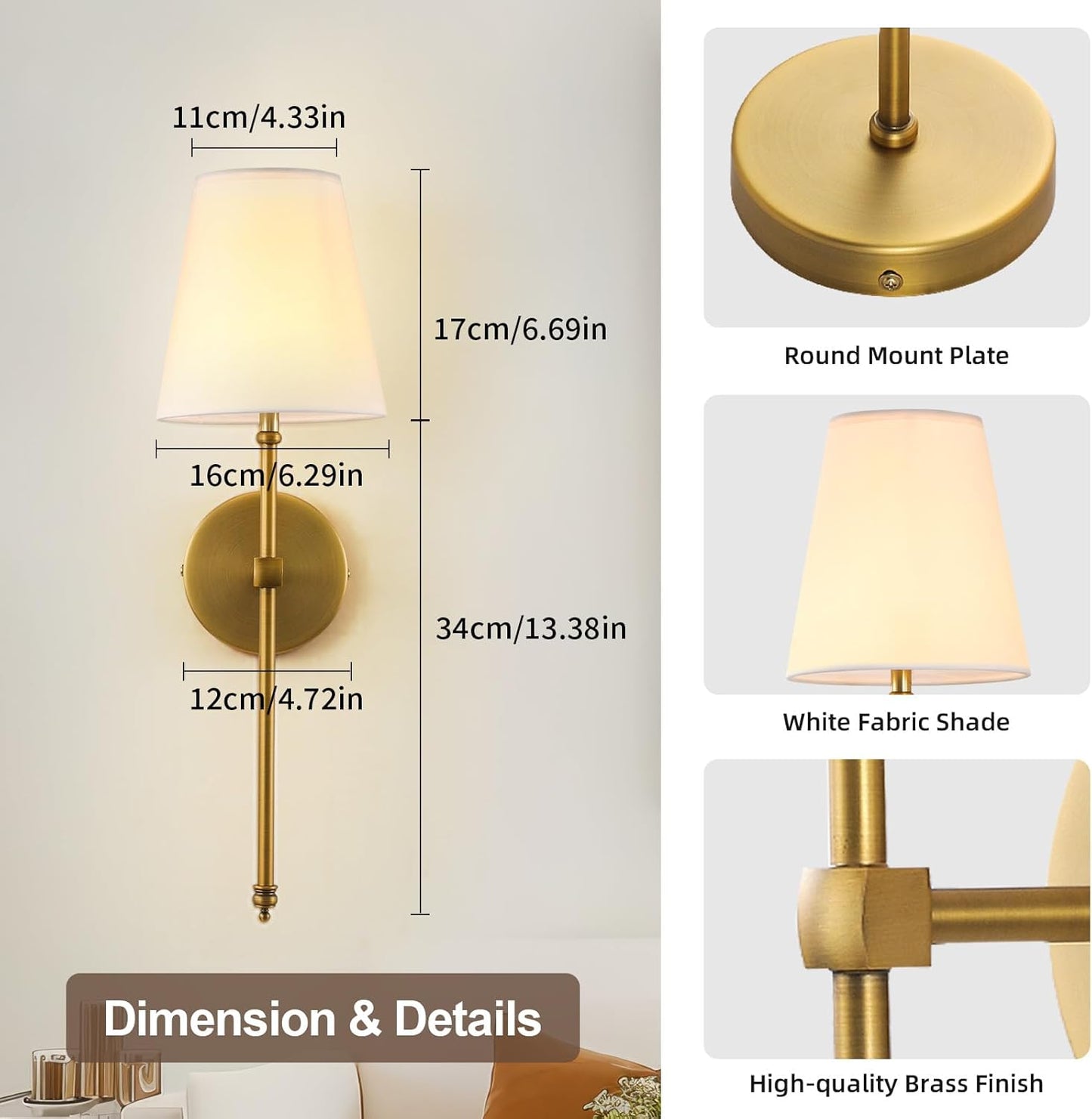 HOXIYA DIMMABLE Battery Operated Wall Sconces Set of 2, Rechargeable Wireless Gold Wall Lighting with Remote Control, Farmhouse Wall Lamp with Detachable Charging Light Bulb for Indoor Bedroom Brass