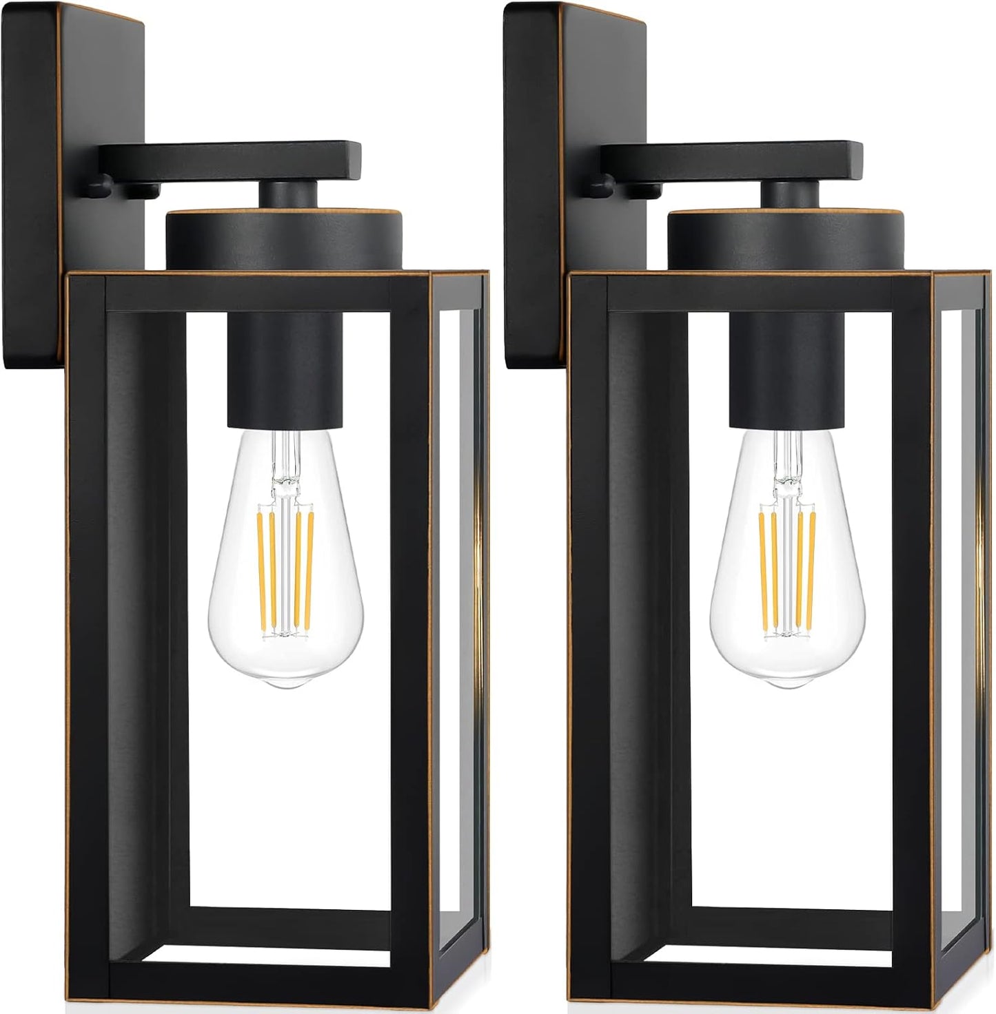 Outdoor Wall Light Fixtures, Exterior Waterproof Lanterns, Porch Sconces Wall Mounted Lighting with E26 Sockets & Glass Shades, Modern Matte Black Wall Lamps for Patio Front Door Entryway, 2-Pack