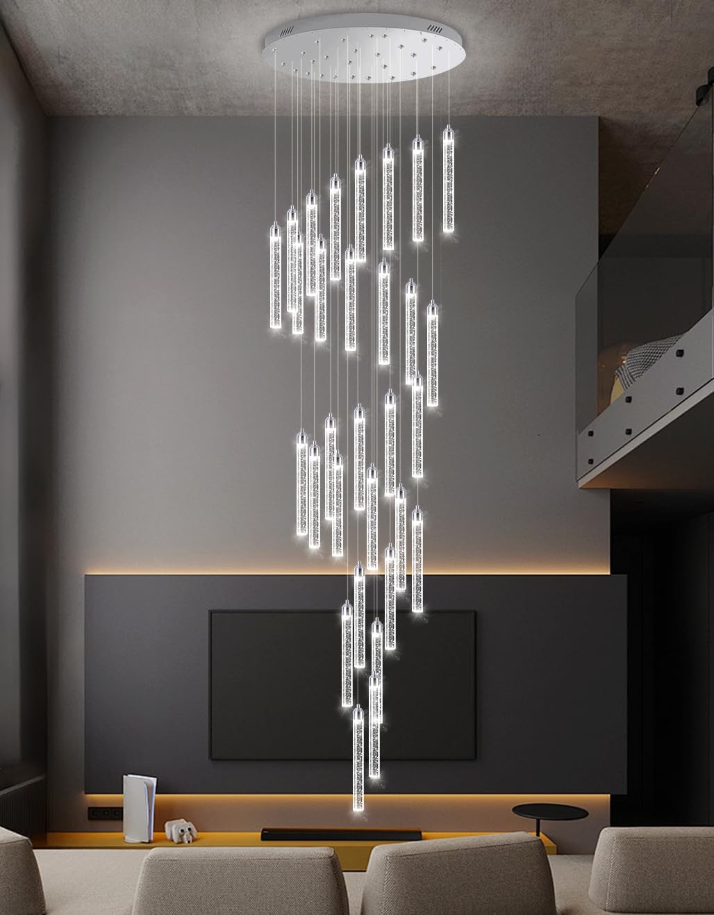 12-Lights Chandelier LED Dimmable Chandeliers for Entryway Flush Mount Ceiling Pendant Light Fixture Crystal Chandeliers for Living Room Black Finished Lighting Modern High Ceiling Chandelier