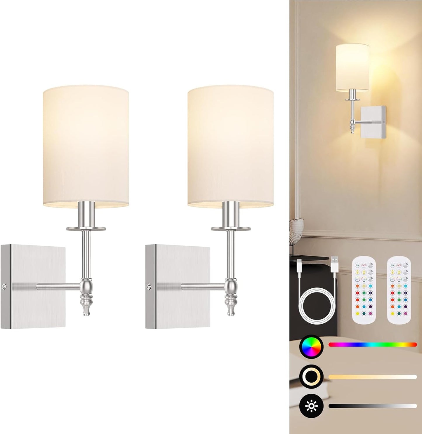 24.8 Inch Wall Sconces Battery Operated Set of 2, Rechargeable Wireless Wall Sconces Lights with Remote, Not Hardwired Dimmable Gold Wall Lamps with White Fabric Shade for Bedroom, 2 Bulbs Included
