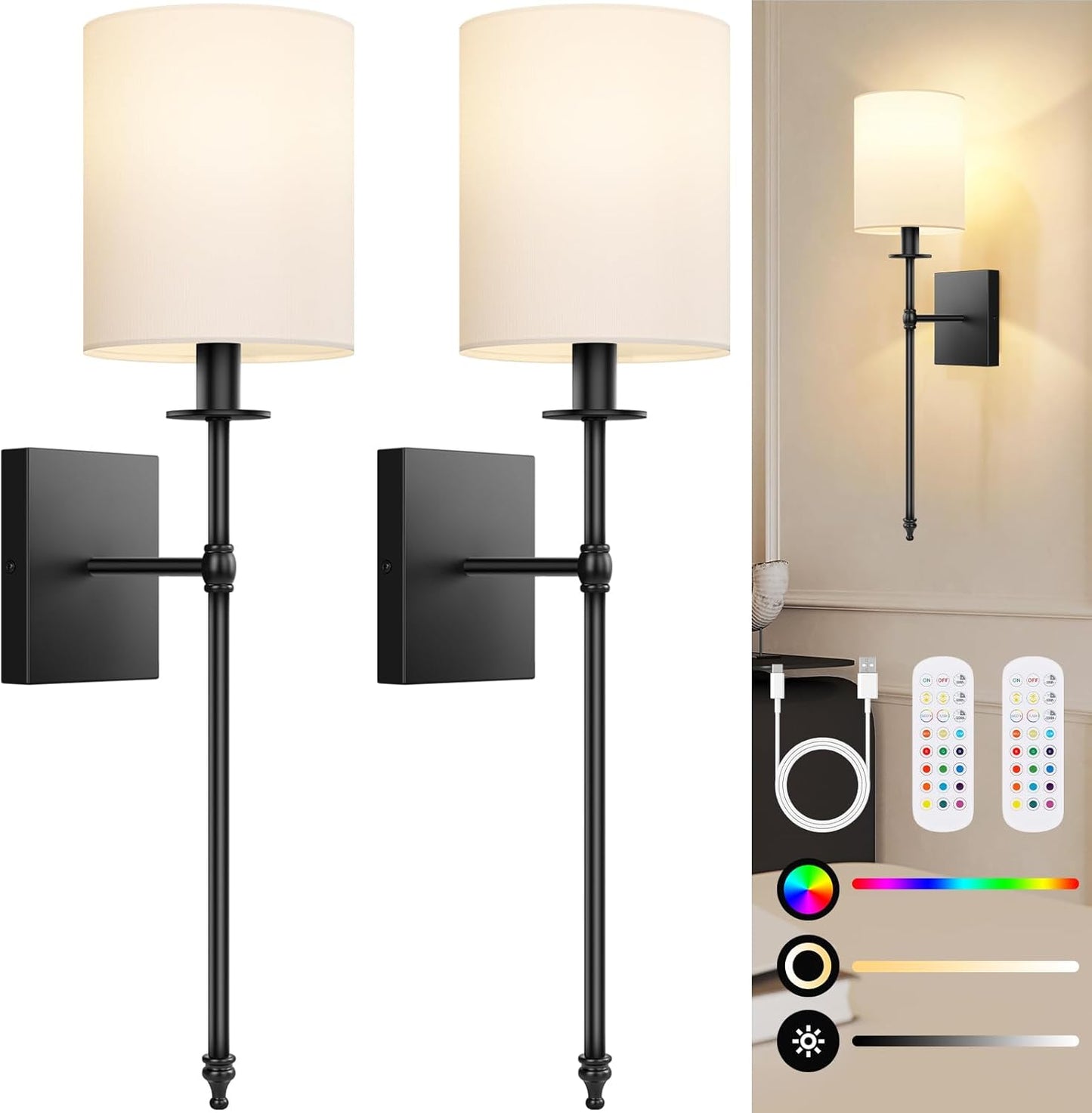 24.8 Inch Wall Sconces Battery Operated Set of 2, Rechargeable Wireless Wall Sconces Lights with Remote, Not Hardwired Dimmable Gold Wall Lamps with White Fabric Shade for Bedroom, 2 Bulbs Included