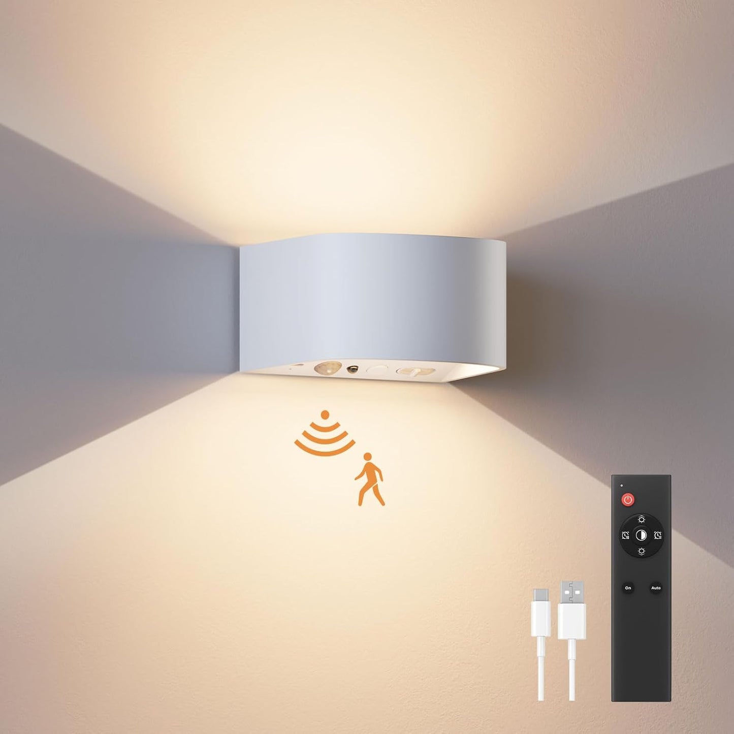 FULEN Motion Sensor Wall Light with Remote Control 3 Colors Wireless Wall Lamp LED Indoor Up and Down Wall Sconce 5000mAh Rechargeable Battery Powered Wall Lamps Brightness Adjustable, Black 2 Pack