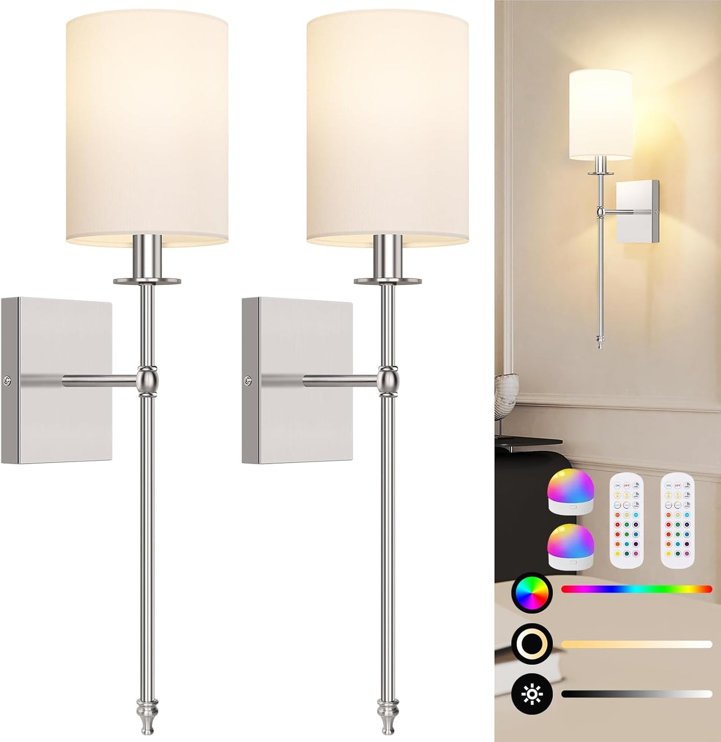 24.8 Inch Wall Sconces Battery Operated Set of 2, Rechargeable Wireless Wall Sconces Lights with Remote, Not Hardwired Dimmable Gold Wall Lamps with White Fabric Shade for Bedroom, 2 Bulbs Included