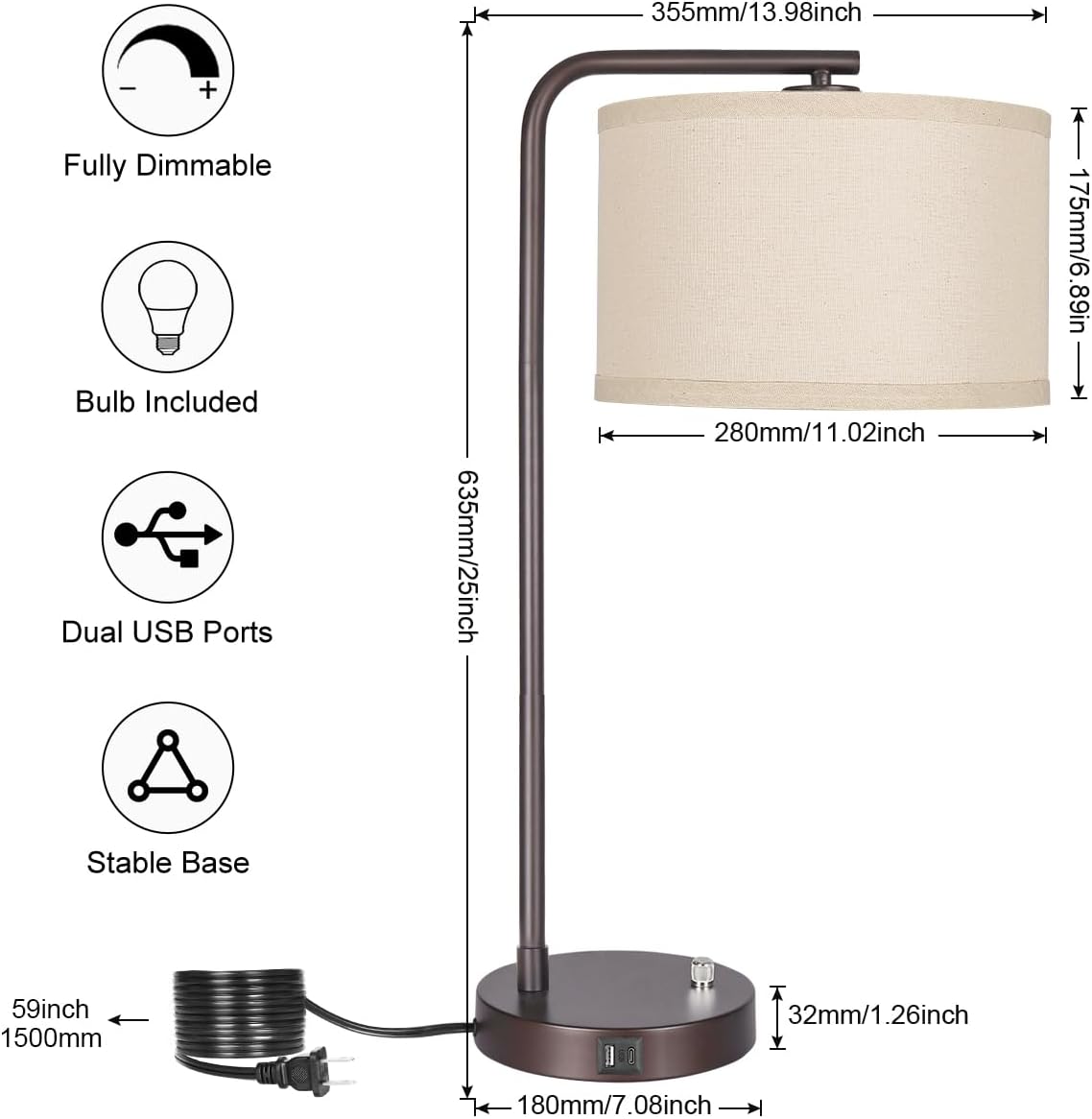Tall Table Lamp with USB C+A Ports, Fully Stepless Dimmable Modern Bedside Nightstand Lamp, Reading Desk Lamp for Bedroom, Living Room, Study Room, Office, 9W 3000K LED Bulb Included