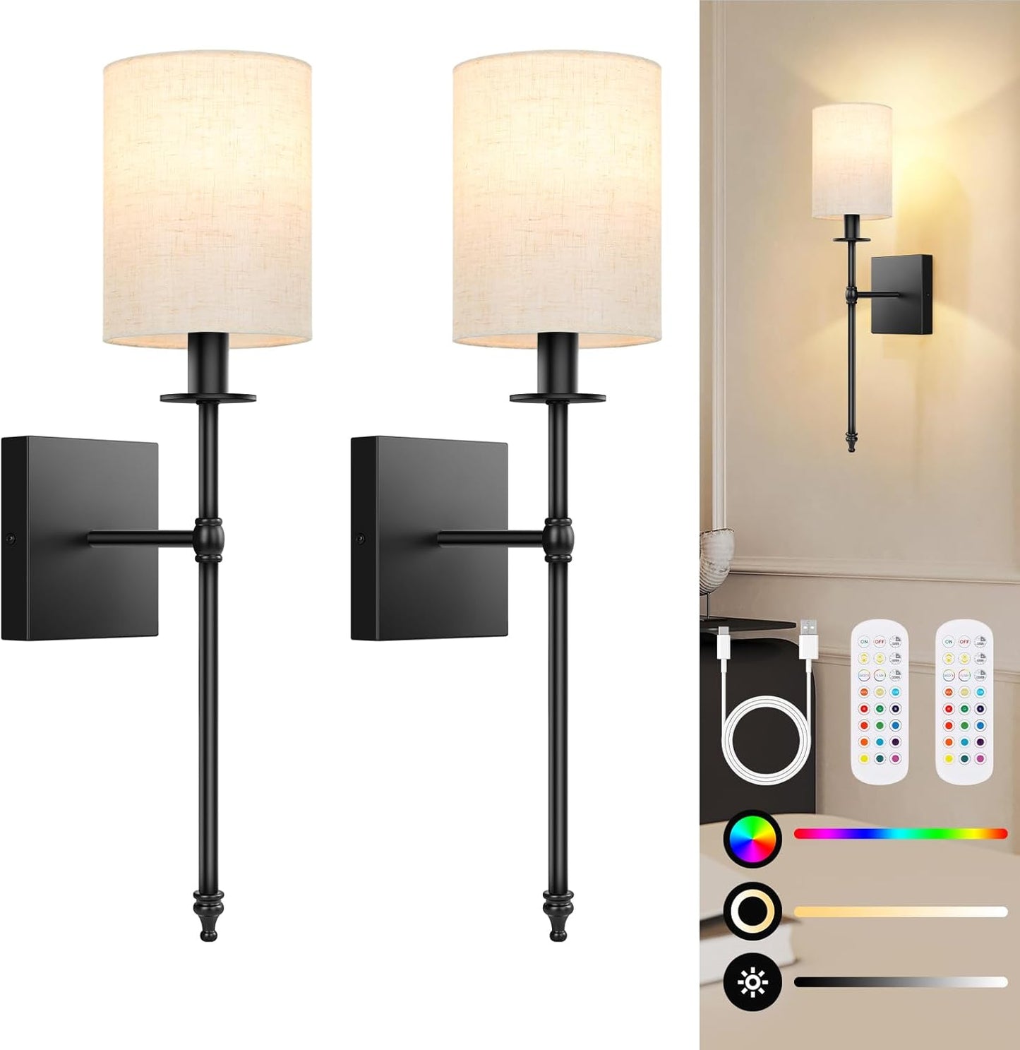 24.8 Inch Wall Sconces Battery Operated Set of 2, Rechargeable Wireless Wall Sconces Lights with Remote, Not Hardwired Dimmable Gold Wall Lamps with White Fabric Shade for Bedroom, 2 Bulbs Included