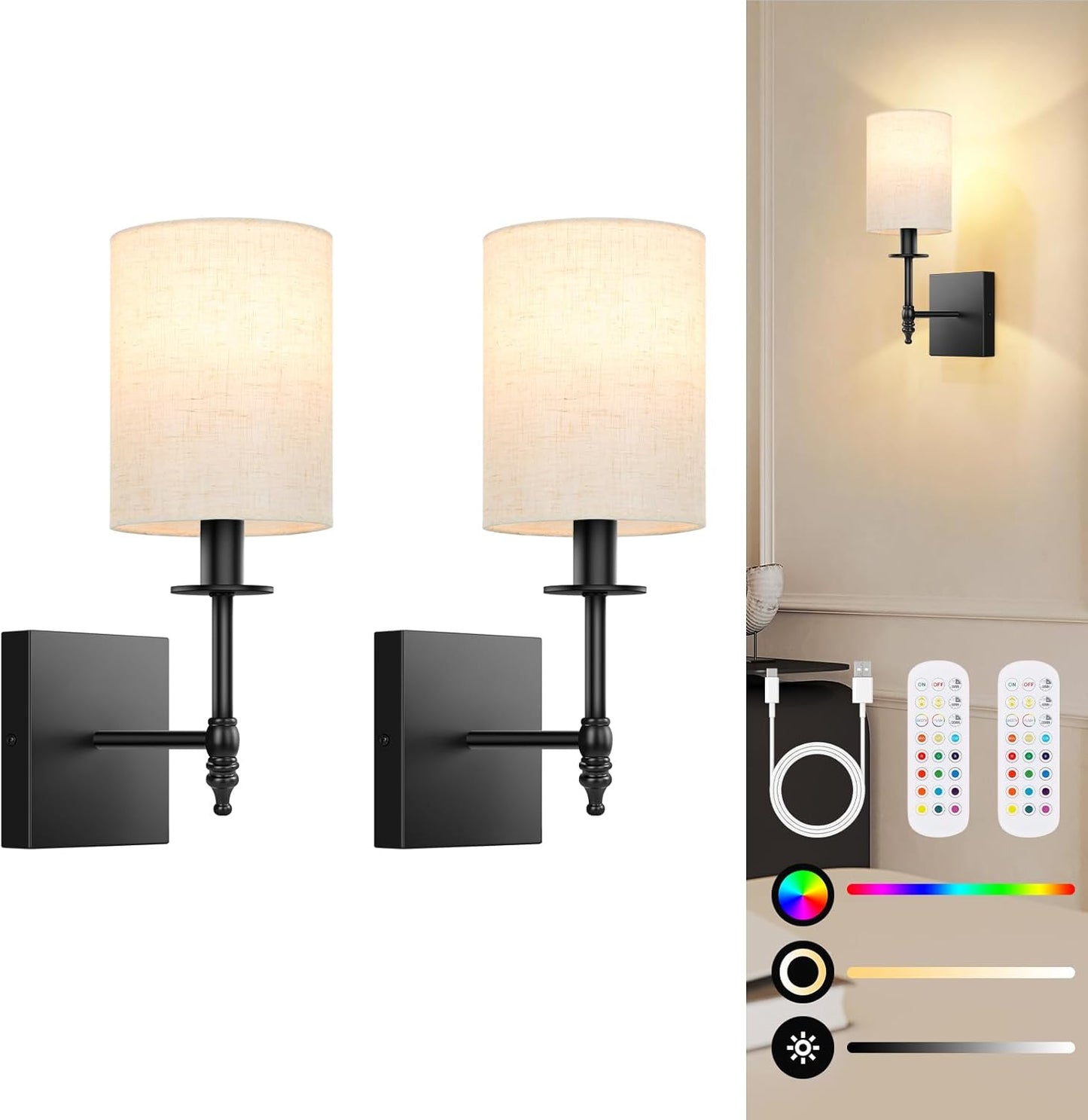 24.8 Inch Wall Sconces Battery Operated Set of 2, Rechargeable Wireless Wall Sconces Lights with Remote, Not Hardwired Dimmable Gold Wall Lamps with White Fabric Shade for Bedroom, 2 Bulbs Included