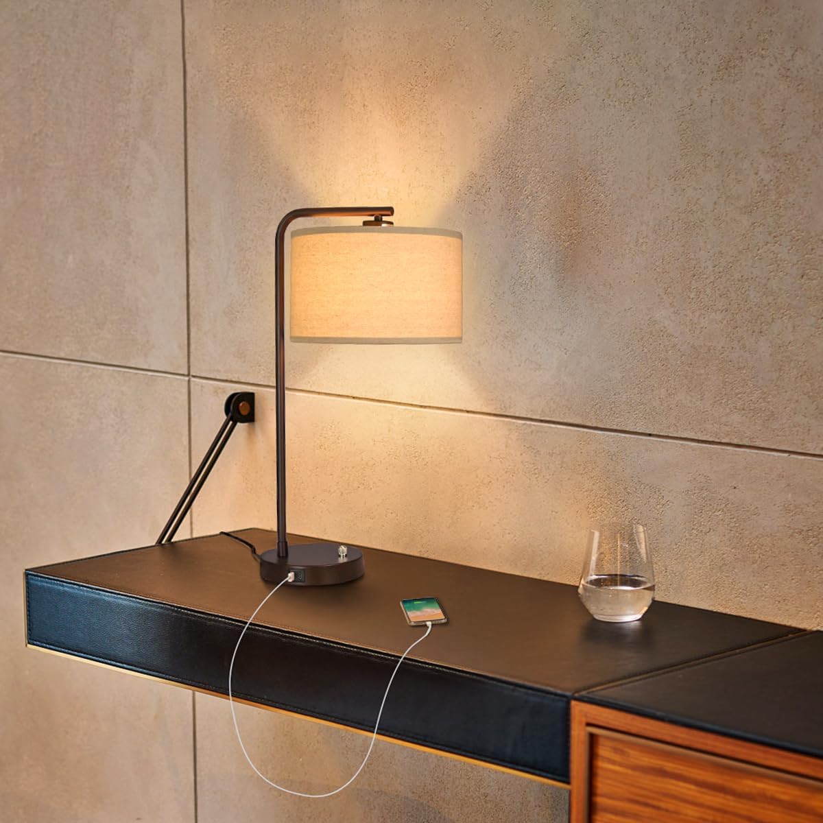 Tall Table Lamp with USB C+A Ports, Fully Stepless Dimmable Modern Bedside Nightstand Lamp, Reading Desk Lamp for Bedroom, Living Room, Study Room, Office, 9W 3000K LED Bulb Included
